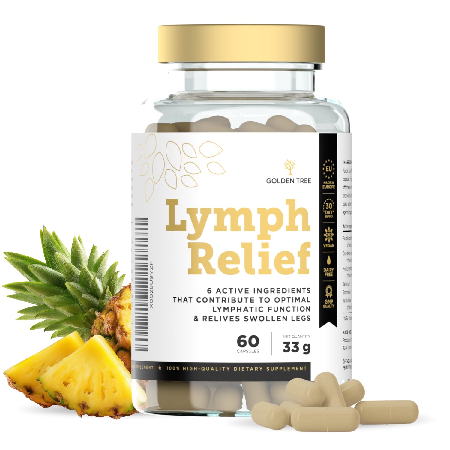 Golden Tree Lymph Relief Kapseln, 60 Stück | Unterstützung des Lymphsystems, Echinacea, Löwenzahnextrakt, Steinklee, Bromelain, Jod & Selen