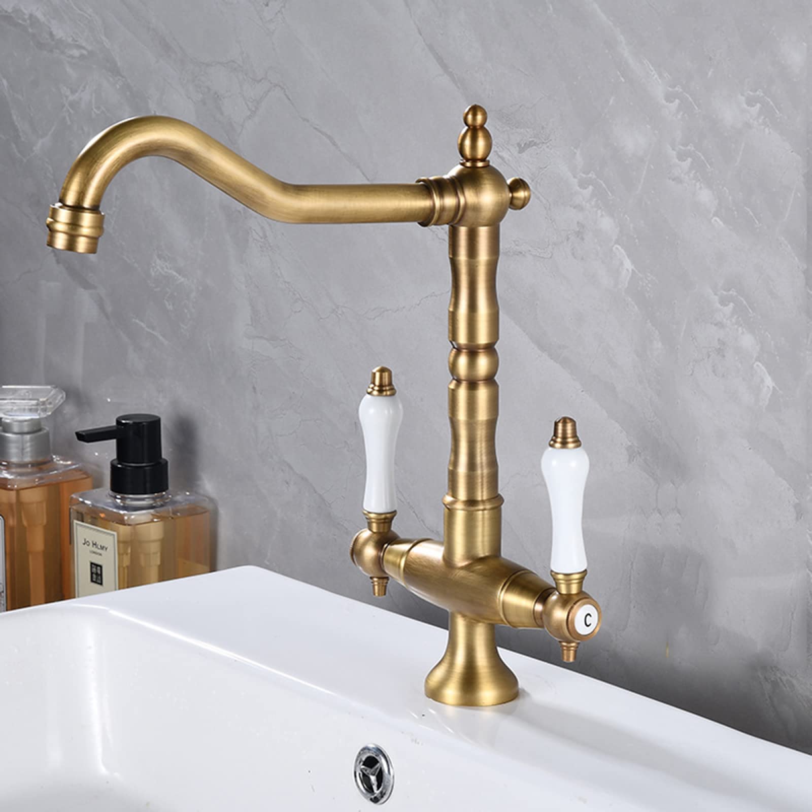 Zqfhsx Antique V-Intage Bathroom Basin Faucets 360 Degree Swivel Spout Lavatory Sink Cold Hot Mixer Vanity Tap, Faucet With Cross Handle, Brass, Black(Cromo)