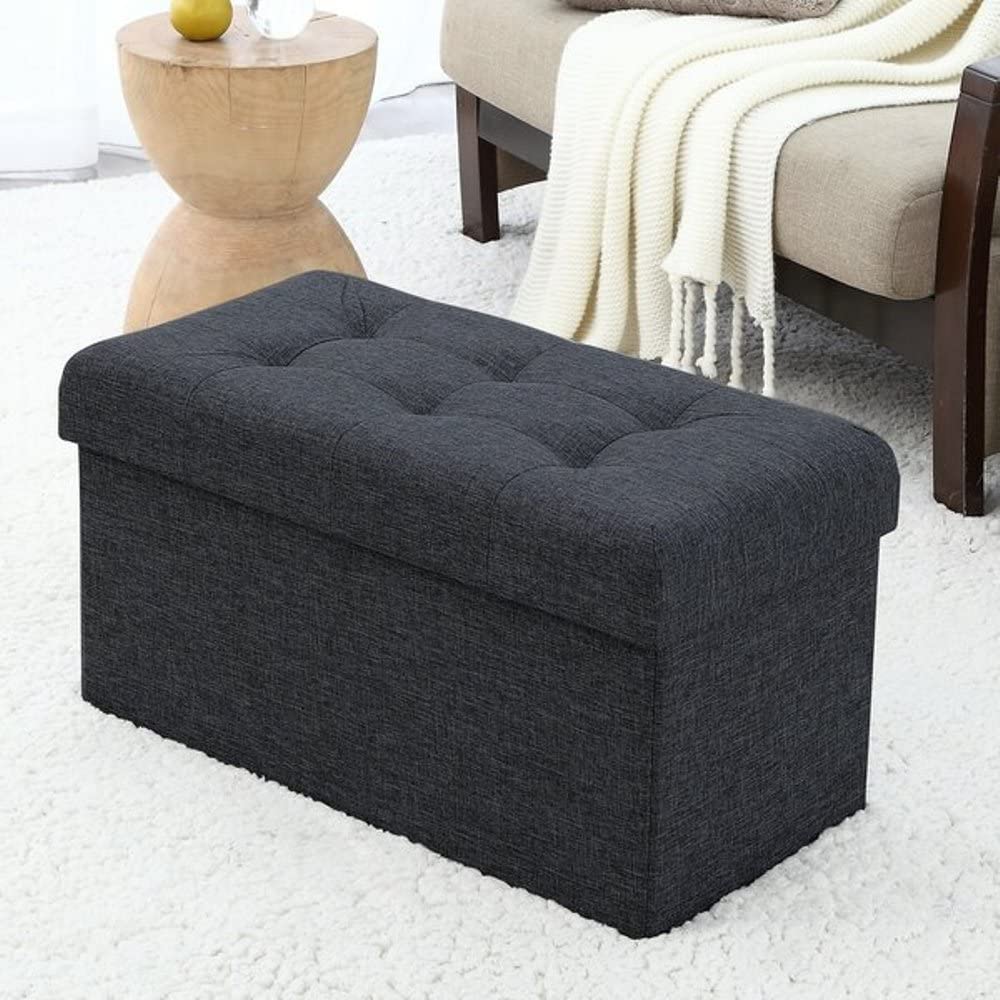 Stylish Black Tufted Ottoman with Storage 30'' Wide, Cushioned Top, Decorative Rectangle Shape, Sleek Linen Upholstery | All Season Pretty Coal Shade, Removable Cushion, Highly Durable & Comfy SIMILAR TO LOT PHOTO INCOMPLETE
