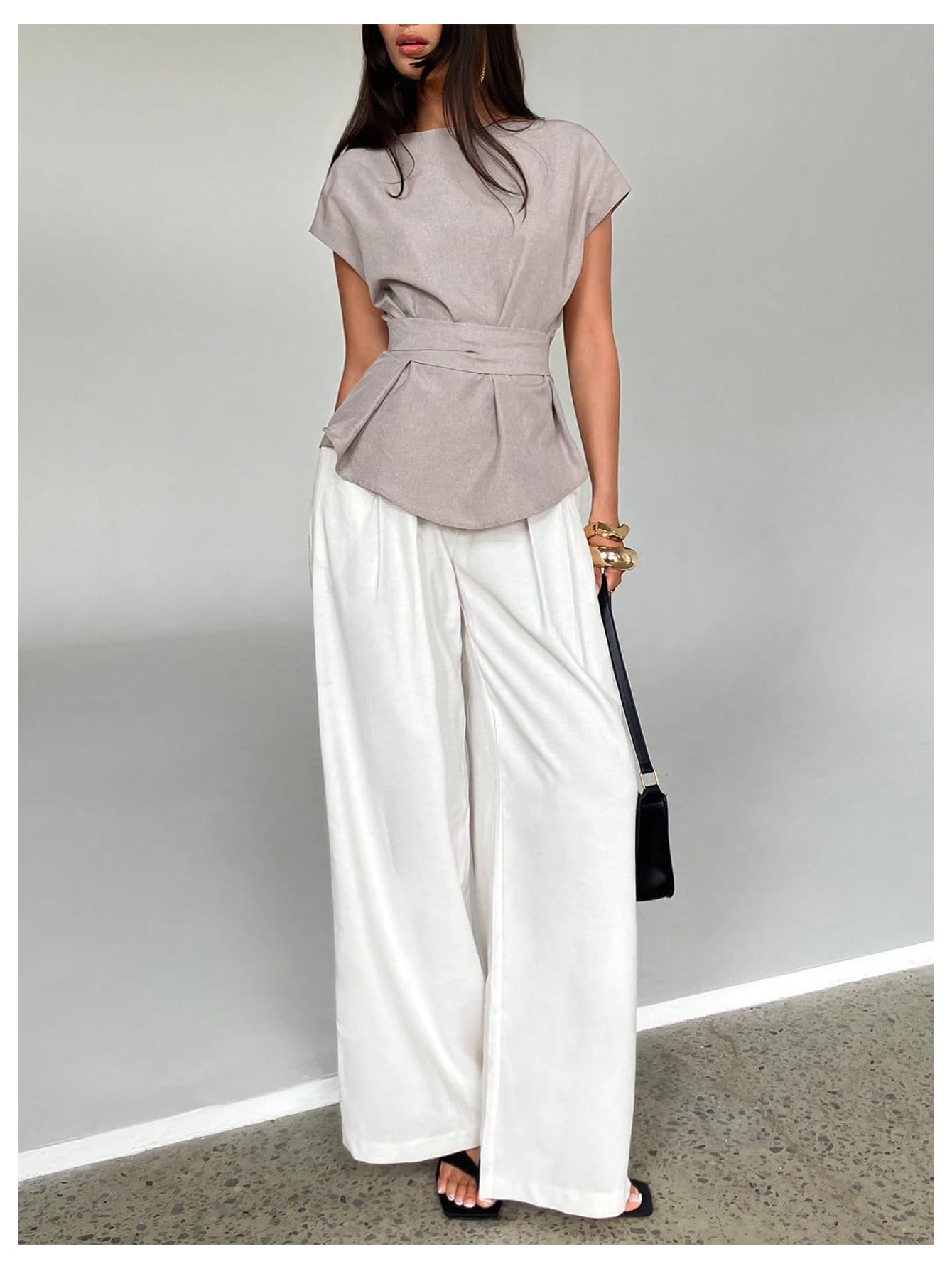 MakeMeChic Women's Belted Short Sleeve Blouse Crew Neck Loose Summer Elegant Office Shirt