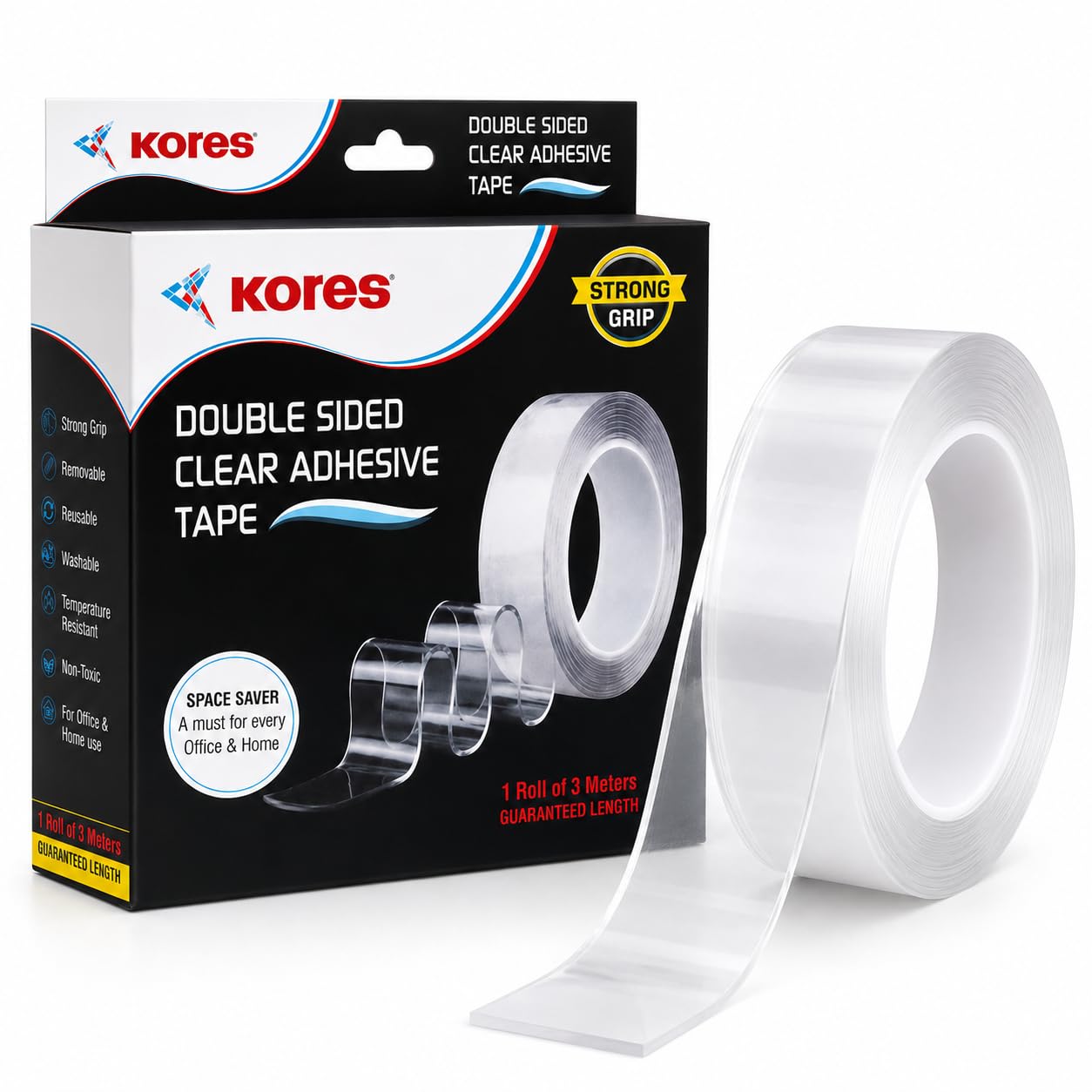 Kores Strong Grip Transparent Double Sided Tape – Ultra Strong Gel Adhesive, Removable & Reusable, 3 Metre Roll, 2mm Thick – For Walls, Glass, Wood, Metal & Home/Office Use | Heavy Duty-image-4