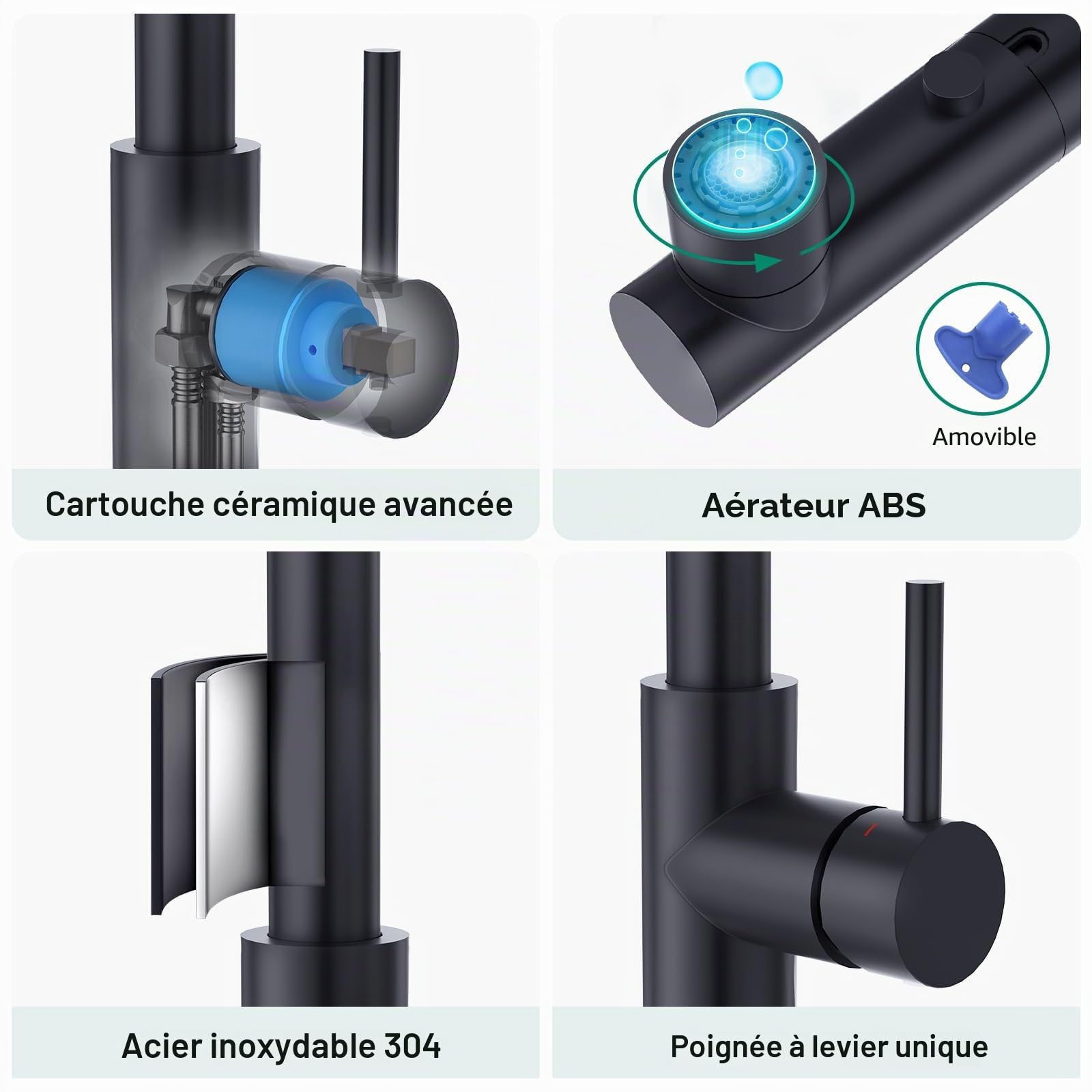 Douchette 3 Fonctions robinet cuisine Mitigeur Lavabo Noir Rotatif 360°, Noir Mat