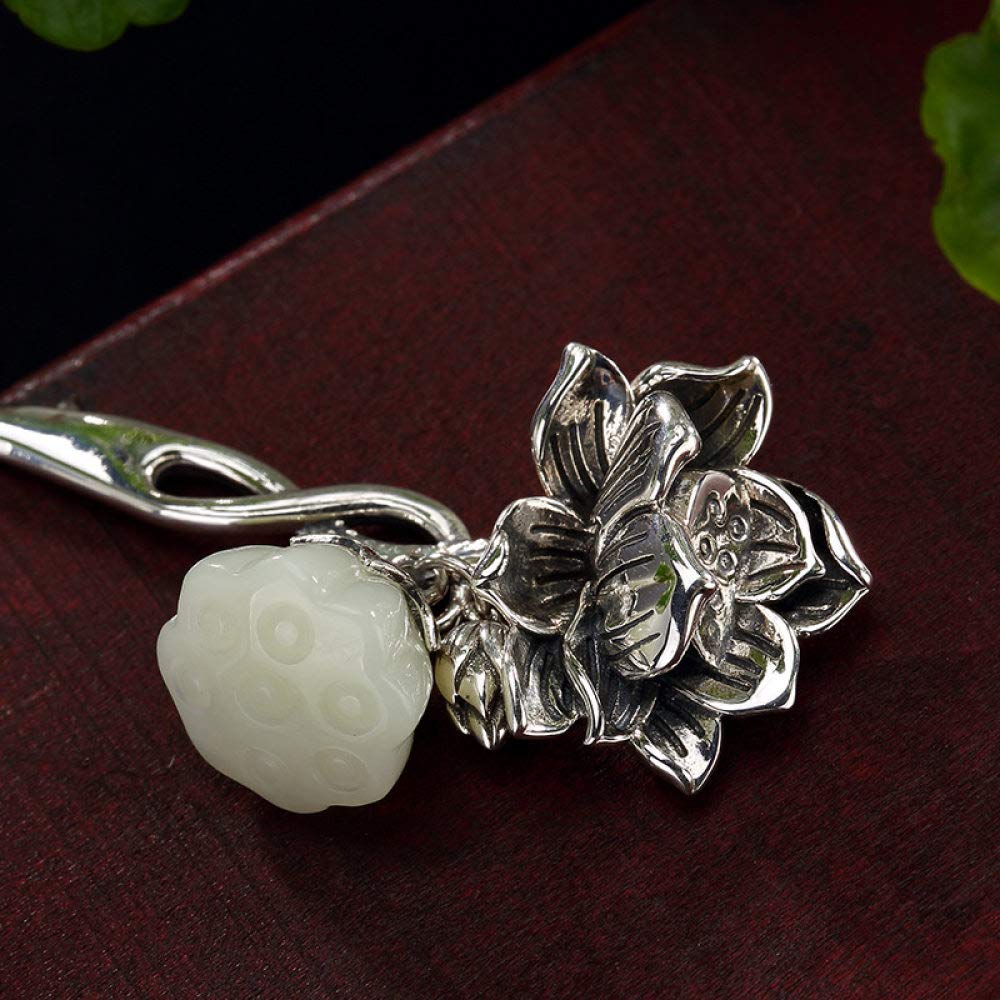 925 Sterling Silber Haarnadel Hair Stick Retro Chinesisch Weißer Jade Lotus Klassischen Weiblichen Temperament Braut Haarschmuck Deko Feste