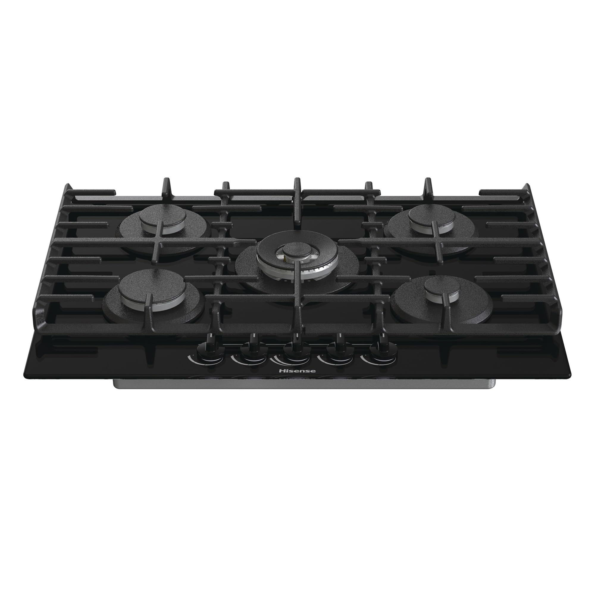 Hisense GG773B - Placa de Gas 5 Zonas, 1000W, Fondo 52cm, 5 Quemadores de Gas, Soporte de Hierro Fundido, Encendido con una mano, Quemador Wok, Superficie de fácil limpieza, Cristal Negro