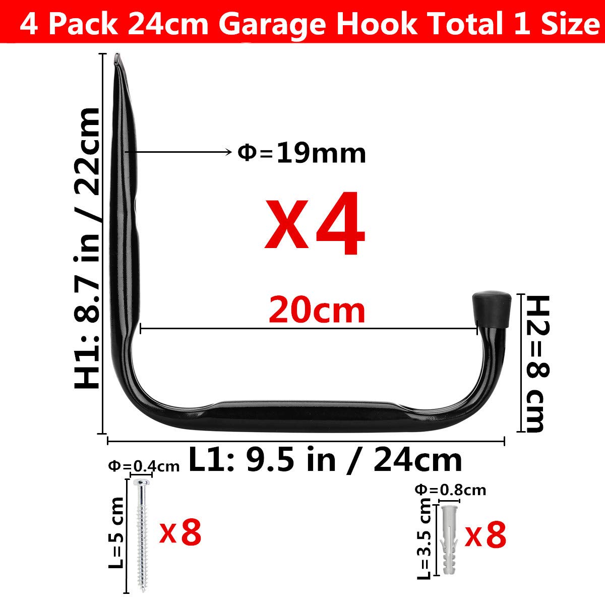 Ganchos para almacenamiento de garaje, 24 cm Bastidor utilitario de brazo jumbo, para herramientas de jardín, tablas de surf, sillas plegables