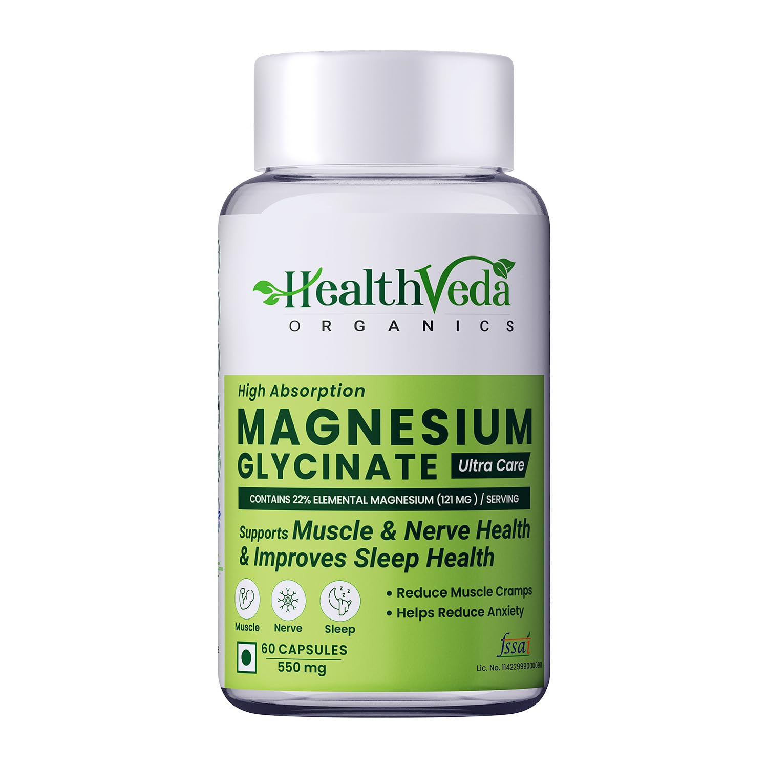 HEALTH VEDA ORGANICS PRIVATE LIMITED High Absorption Magnesium Glycinate, 550mg | 60 Veg Capsules | Supports Nerve & Muscle Health | Improves Sleep Quality | For Both Men & Women