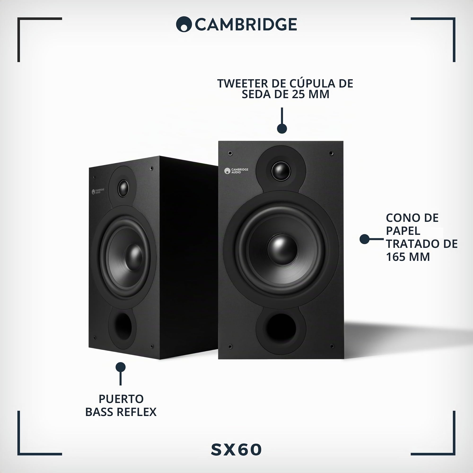 Cambridge Audio SX60 - Par de Altavoces pasivos con Cable para Sistema de Cine en casa o HiFi - Optimizados para una Respuesta de frecuencia Suave y Uniforme - Negro Mate