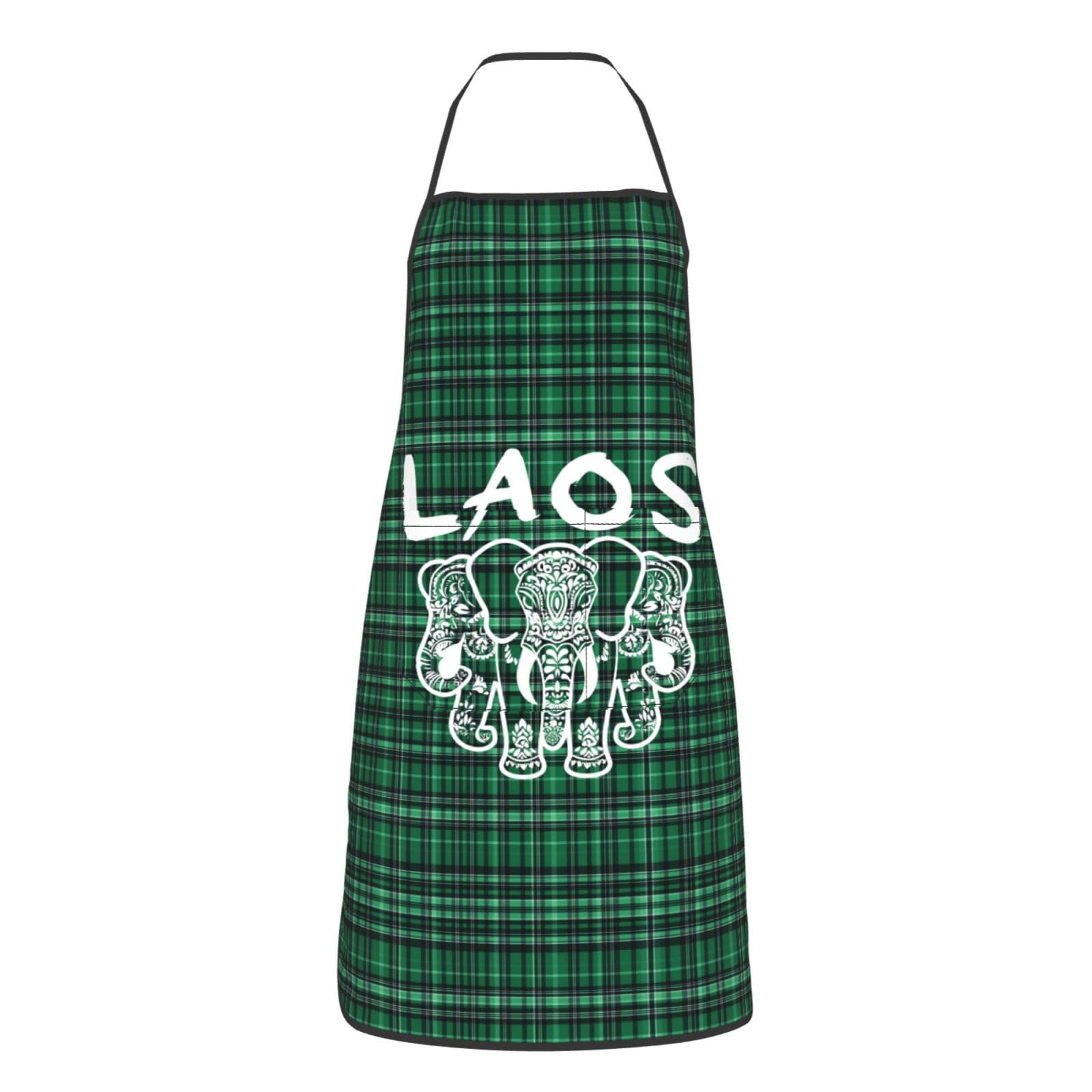 nopicsn Laos Three Headed Elephant Apron for cooking with Pockets Women Men Kitchen Chef Funny Aprons