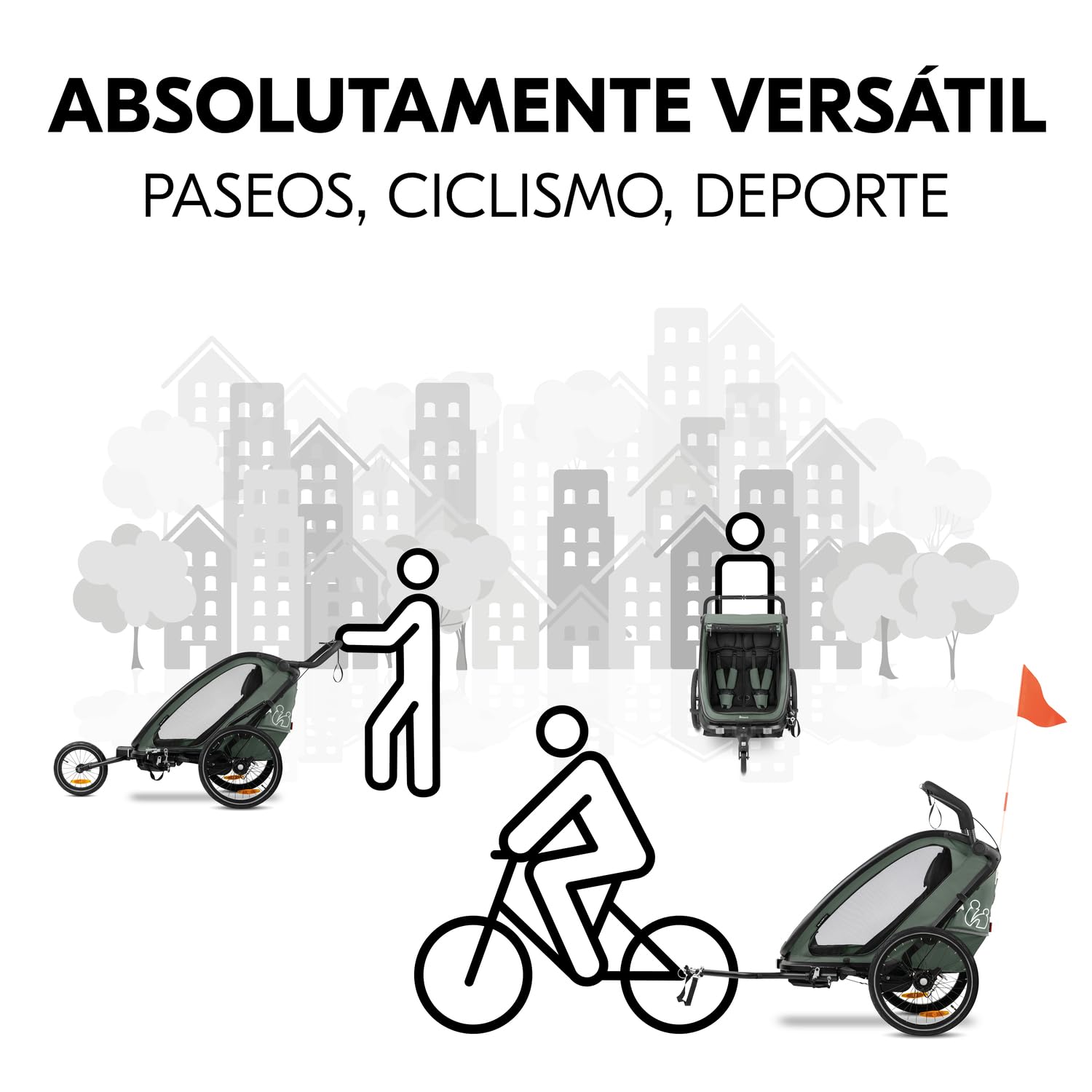 hauck Bike N Walk Duo Set Completo 3 en 1 Remolque Bicicleta 2 Niños - Silla de Paseo Doble Plegable Desde 6 Meses hasta 22 kg o 120 cm - Suspensión - Freno de Mano - Maletero - Verde