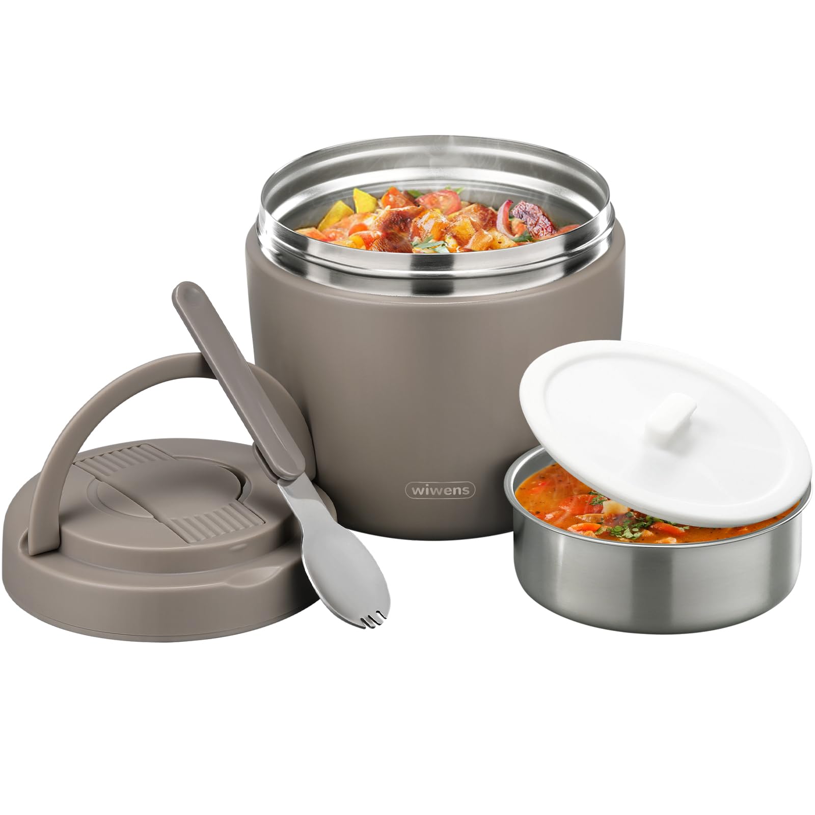 wiwens Thermo Food Jar for Hot Food 32OZ Soup Thermo Lunch Containers Wide Mouth Vacuum Insulated Stainless Steel Leakproof Bento Box with Spoon (Khaki)