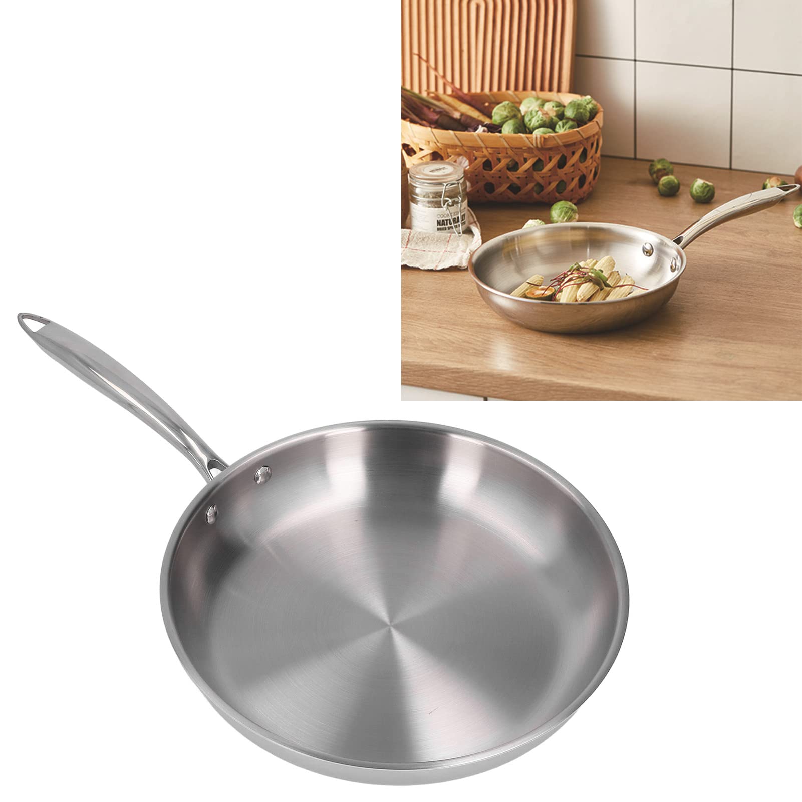 Patelnia Ze Stali Nierdzewnej, Zagęszczona Stal Nierdzewna 304 Niepowlekany 3-warstwowy Zestaw Naczyń Kuchennych, Podgrzewa Patelnię Z Ergonomicznymi Uchwytami(30cm)