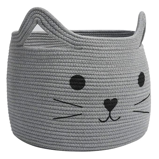 Image of ALBY Woven,Tall Wicker Laundry Basket for Blankets,Clothes,Pillows,Toys,Shoes Large Cotton Laundry Hamper for Bedroom Living Room Bathroom Nursery (15d'' x 12h'' inch, Grey cat)