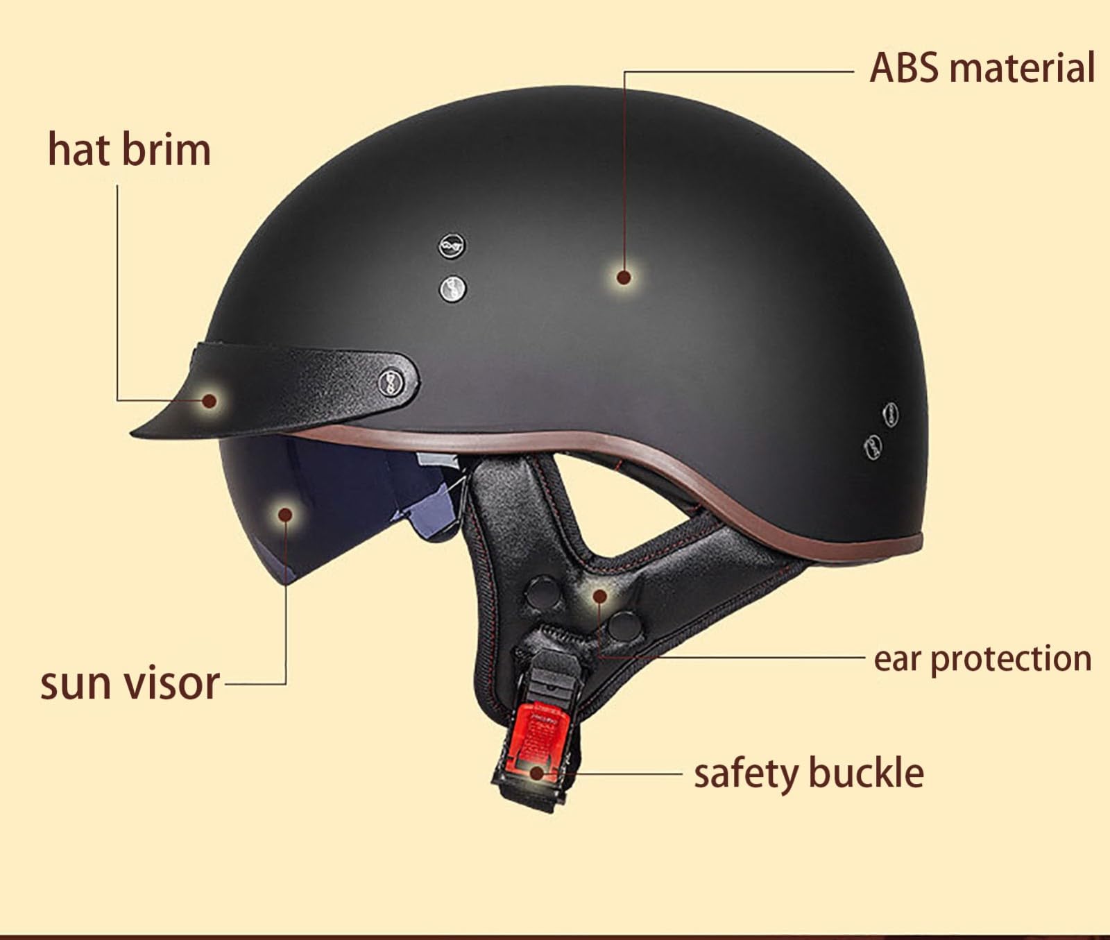 Vintage motorfiets halve helm, DOT/ECE goedgekeurde motorhelm open helm met UV-vizier Comfortabele duurzame pasvorm Volwassen heren Dames A,L=57-58CM Vintage motorfiets halve helm, DOT/ECE goedgekeurde motorhelm open helm met UV-vizier Comfortabele duurzame pasvorm Volwassen heren Dames A,L=57-58CM