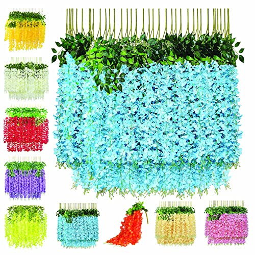 TAVASYA Water Proof Hanging Artificial Wisteria Flower Strings_Pack of 6_ Sky Blue Color_110 Cms_for Wedding_Party_Home_Ceiling_Balcony_Office_Wall Decor SYT10