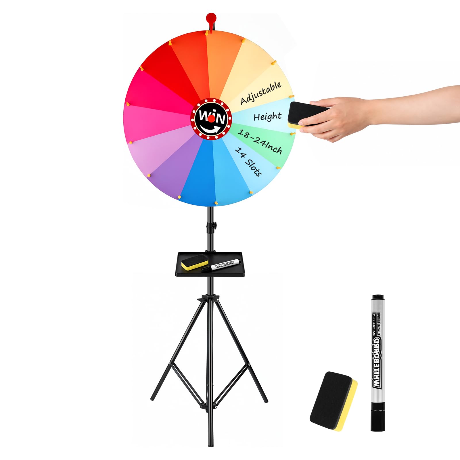 60 cm drehendes Preisrad,14 Farben, drehbares Kritzelspiel mit löschbarem Marker,verstellbar von 100 cm - 200cm, auf dem Boden stehend, verstaubares Glücksrad mit Ablage
