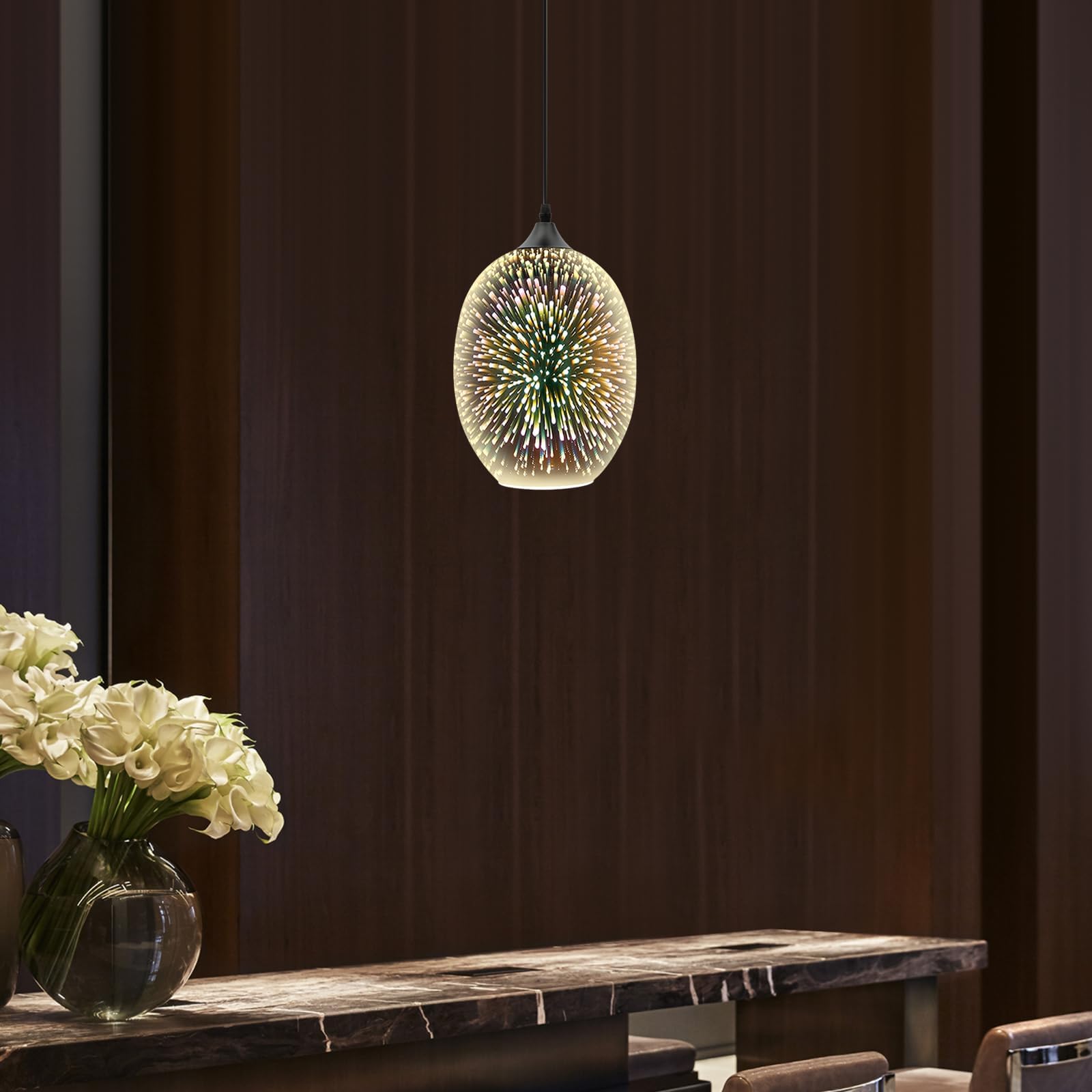 Szklana lampa wisząca 3D, nowoczesna lampa wisząca z regulacją wysokości z oprawką E27, stylowa lampa sufitowa do salonu, sypialni, jadalni i kuchni, lampa szklana, srebrna, bez źródła światła