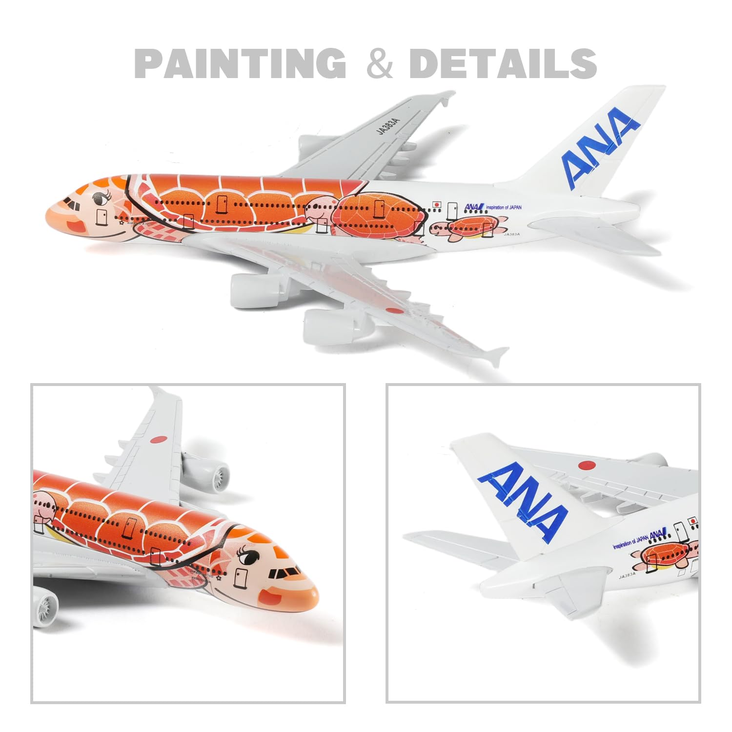QIYUMOKE 1/400 A380 Model Plane Orange Turtle Diecast Metal Airplane Model kit for Airbus A380 (5.5-inch L) with Display Plane Stand for Adults Airplane Toy Aviation Gift or Desktop Collection - Image 4