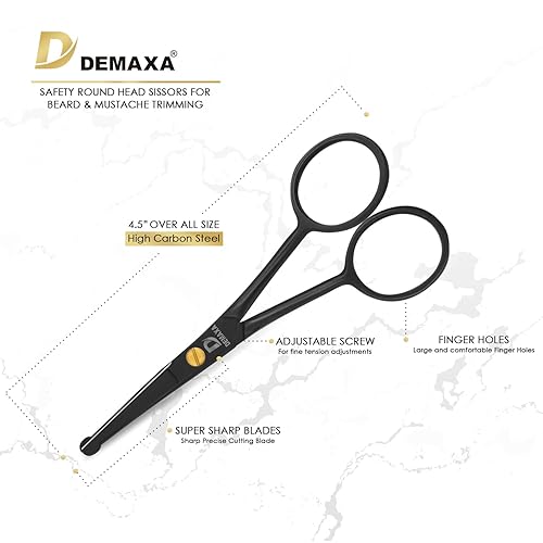 Miniatura 3 de Tijeras profesionales para bigote con 1 peine para bigote, 1 peine de barba y bolsa suave, tijeras de seguridad de punta redonda de 4.5 pulgadas