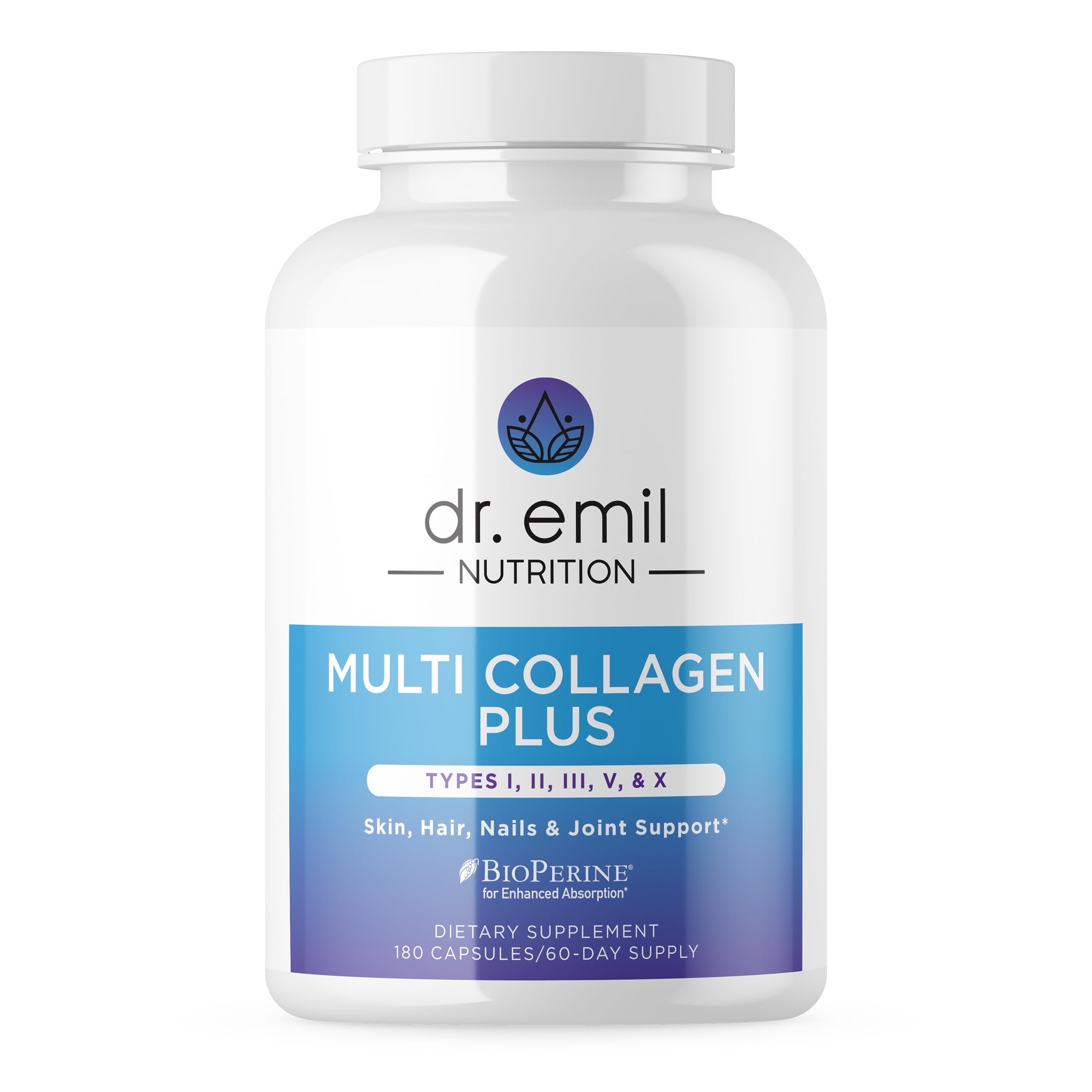 DR. EMIL NUTRITION Women's Multi Collagen Pills | Collagen Supplements to Support Hair, Skin, Nails, & Joints | Hydrolyzed Collagen Supplements Types I, II, III, V & X | 180 Capsules