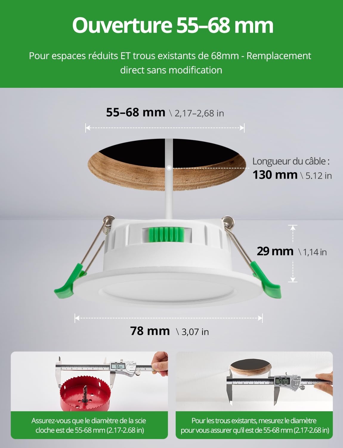 HOMEOW Spots de Plafond Extra Plat 4W, Trou 55mm - 68mm Spot LED Encastrable Salle de Bain, Blanc Chaud 2700K Neutre 4000K Froid 6000K Reglable, IP44 Etanche, Lot de 6