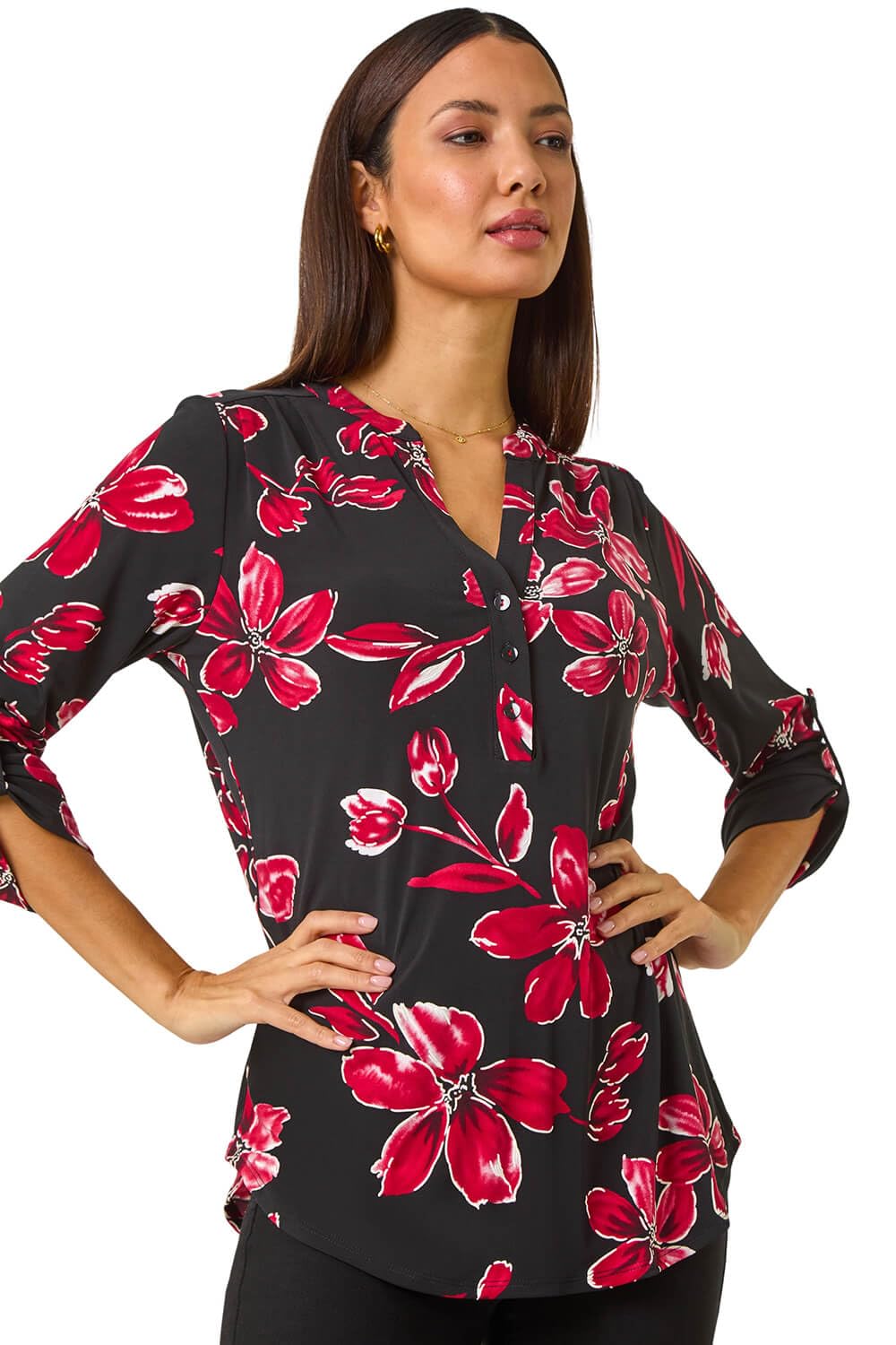 Roman Women's Red Textu Floral Print V-Neck Stretch Shirt Size 10