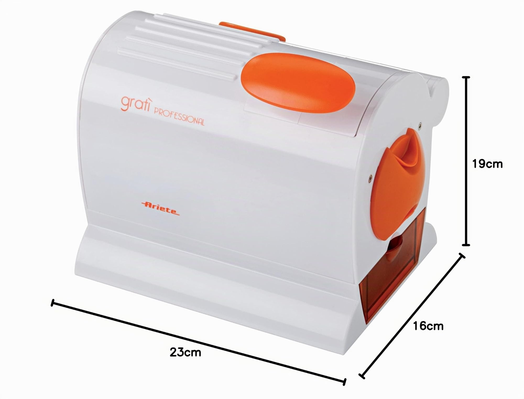Ariete 445 Gratì Professional Elektrische Reibe, professionell, extra große Rolle aus Edelstahl, abnehmbarer Behälter mit Frischedeckel, 120 W, Weiß/Orange