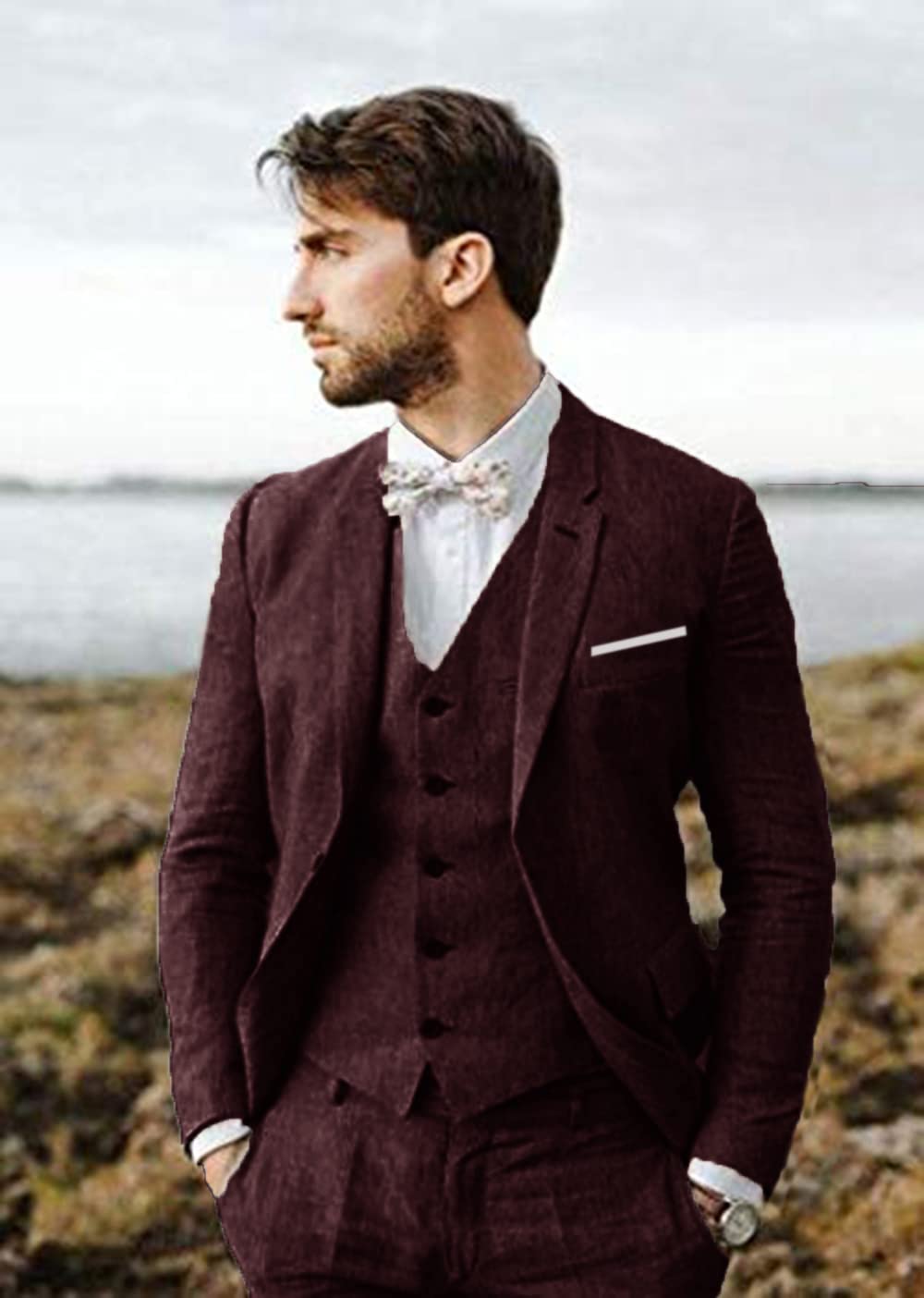Furuyal Completo di lino 3 pezzi vintage retrò abiti da ballo di fine anno giacca slim fit blazer sposo smoking