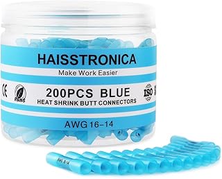 Haisstronica 200PCS 16-14 Awg Blue Heat Shrink Butt Connectors-Tinned Red Copper 0.8mm-Marine Grade Insulated Crimp Wire Connectors-Waterproof Electrical Connectors-Butt Splice for Marine,Boat,Stereo