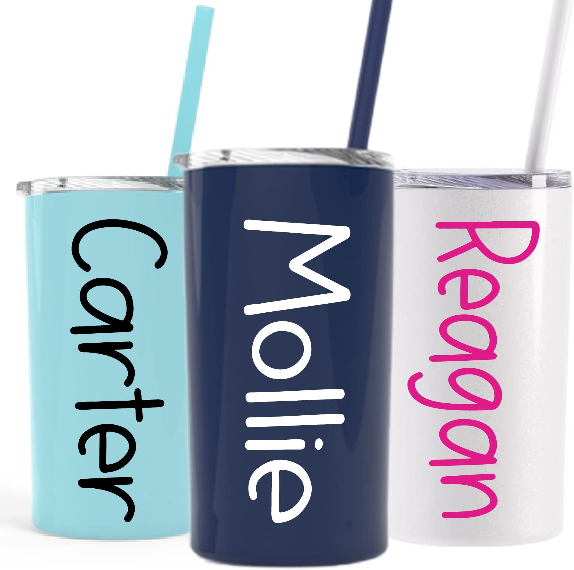 Personalized 12 oz Kids Stainless Steel Skinny Tumbler with Custom Monogram Vinyl Decal by Avito - Includes Straw and Lid