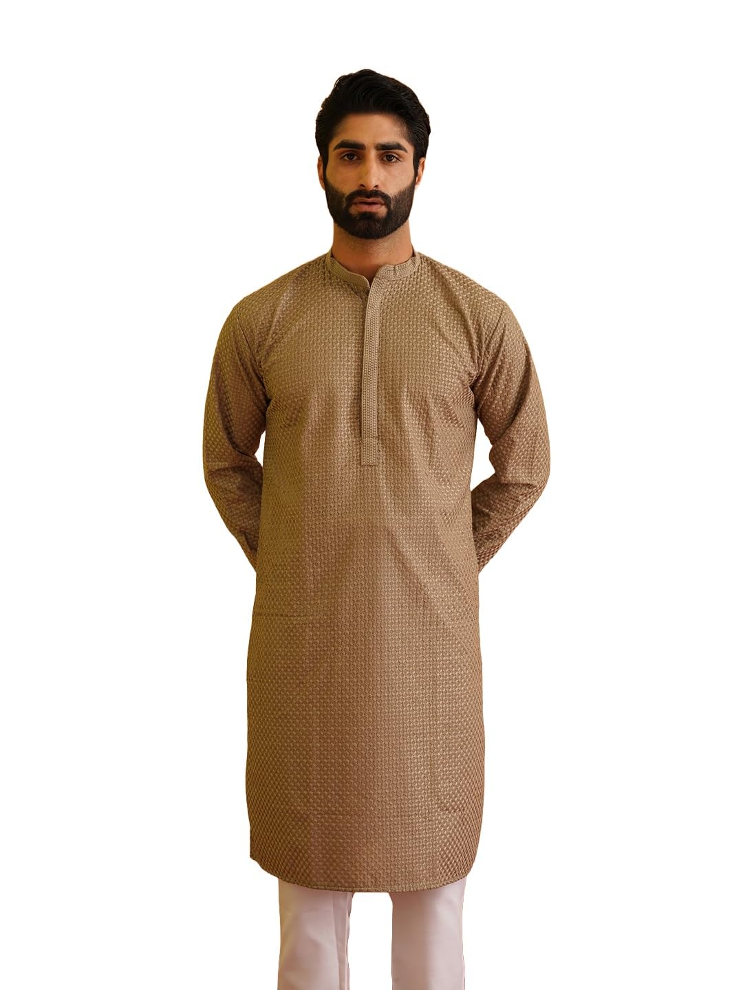 Sojanya (Since 1958 Men's Cotton Thread Embroidered Coffee Brown Long Kurta