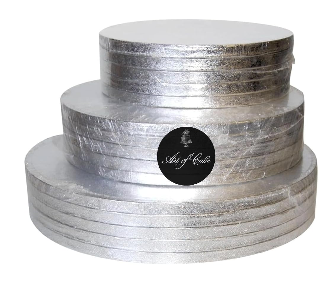 Art of cake® Silver Round Cake Drum Board(12mm Thick) ••Pack of 5 (1, Silver, 12")