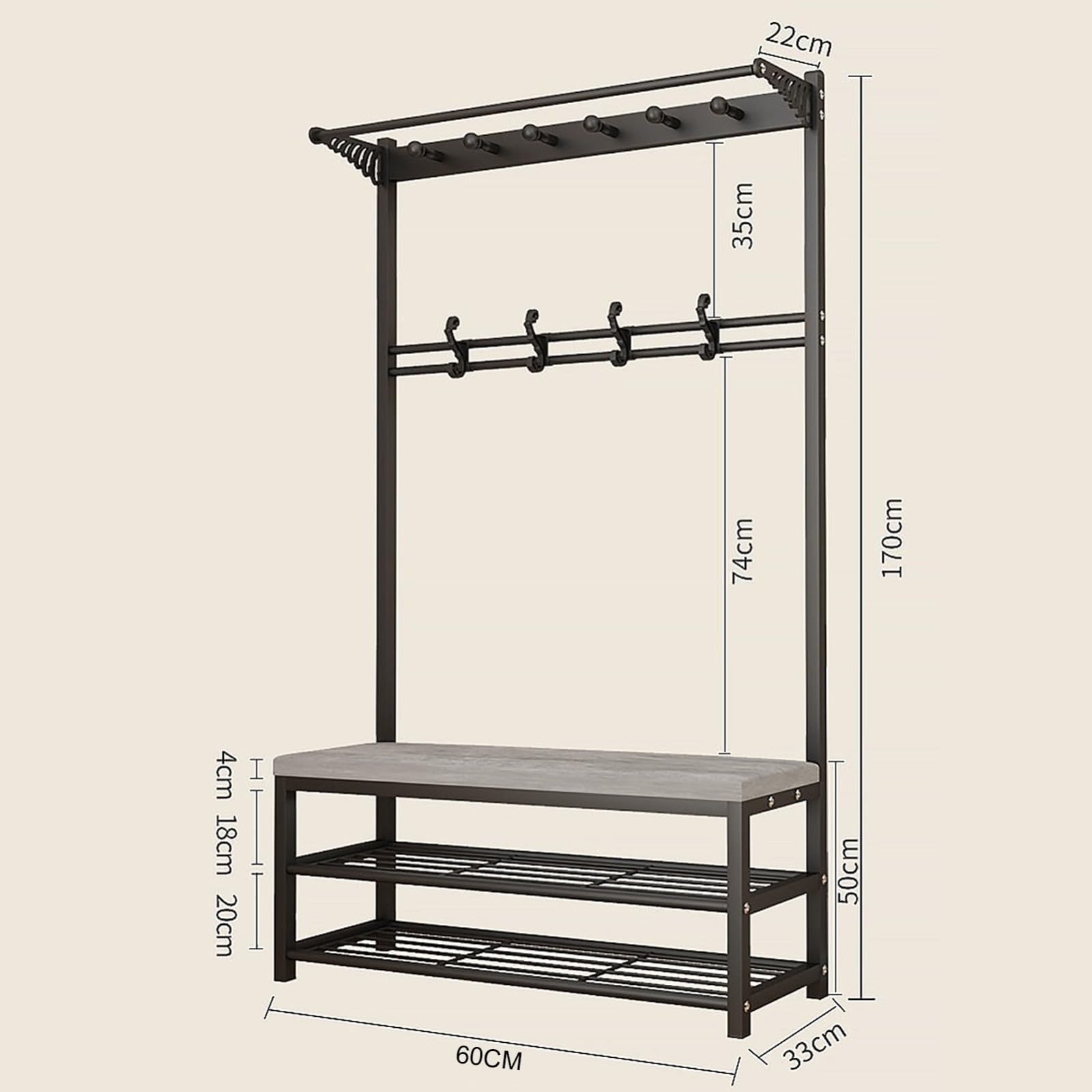 Perchero, Zapatero y Banco con Ganchos Perchero de Entrada de Metal Perchero Grande Perchero para Dormitorio Sala de estar C,60 * 33 * 170CM