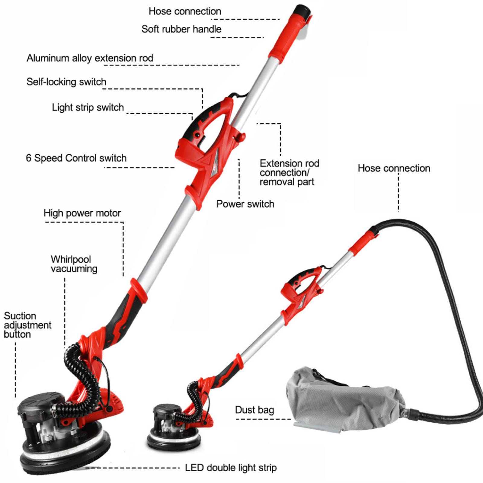Lijadora de paneles de yeso 850 W, lijadora de paneles de yeso eléctrica de alta resistencia con accesorio de aspiradora Velocidad variable ajustable con luz LED, 100 almohadillas de arena diseñadas