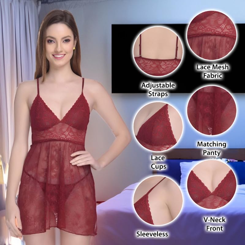 Image of Women Soft Lace Net Above Knee Babydoll Nightwear Dress with Panty S to 3XL