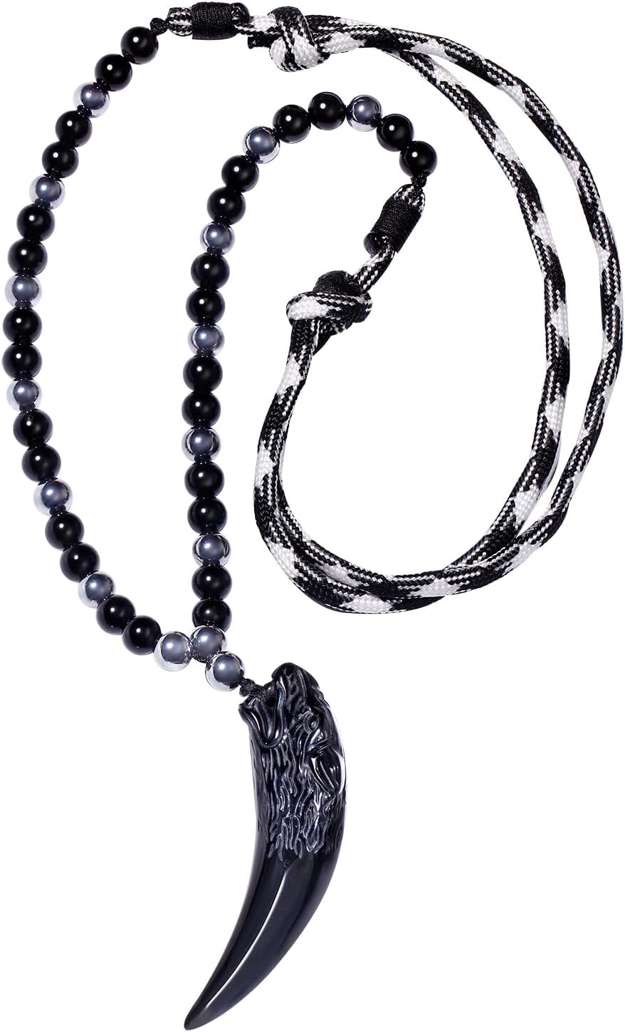 Wolf Tooth Obsidian Pendant Couples Necklace Beads Chain Crystals Protection Necklaces for Women and Men Unisex Jewelry