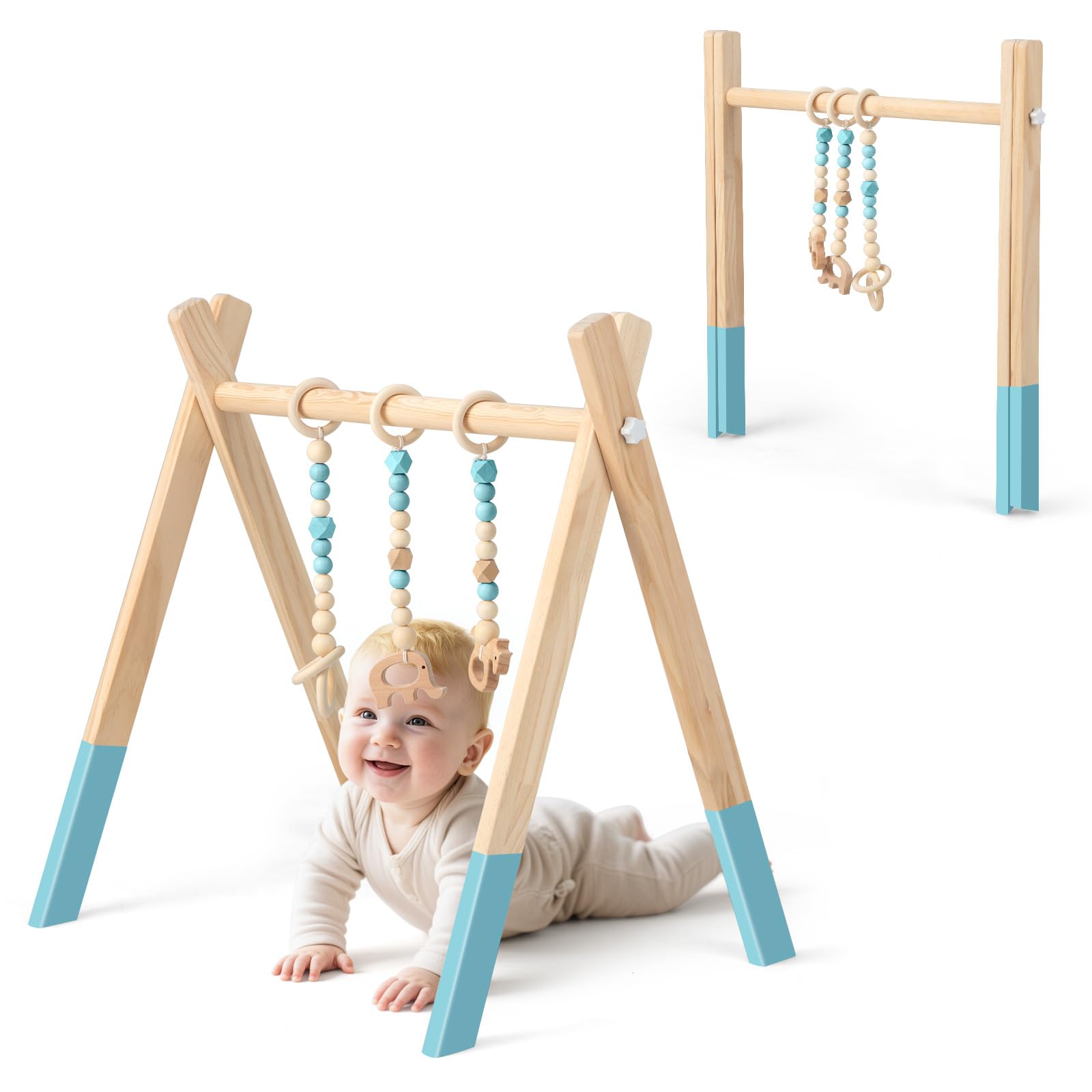 RELAX4LIFE Arco de Juegos de Madera Maciza para Bebés Más de 3 Meses, Gimnasio para Bebés con 3 Juguetes Colgantes para Desarrollo Cerebral y Físico, Arco Actividades Bebé (Verde)