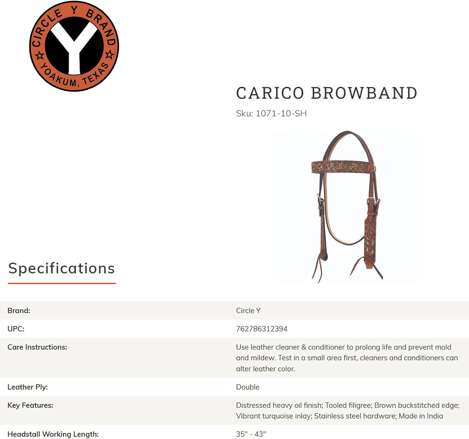 Circle Y Carico Browband Headstall | Double-Ply Western Headstall with Tooled Filigree, Turquoise Inlay, Buckstitching & Stainless Steel Hardware | 35"- 43" Adjustable Fit