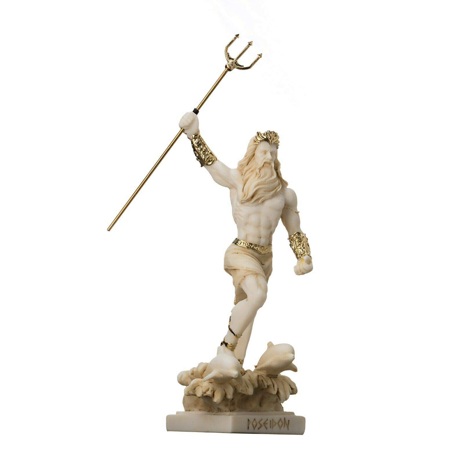 Poseidone greco Dio del mare con Tridente statua statuetta oro alabastro 16,5 cm