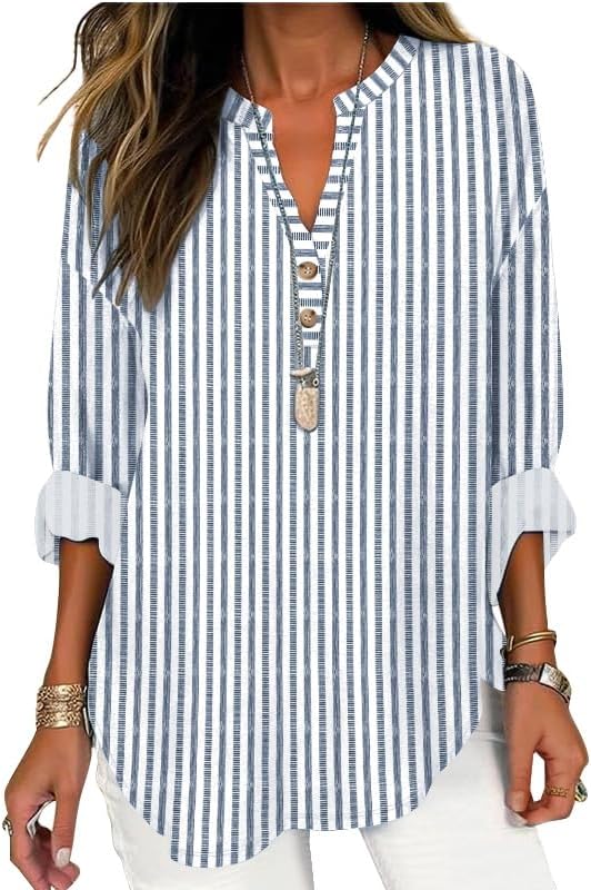 ETCYY NEW Womens Long Sleeve Tops V Neck Button Novelty Print Tunic Blouses Loose Fit Fall Outfits Clothes