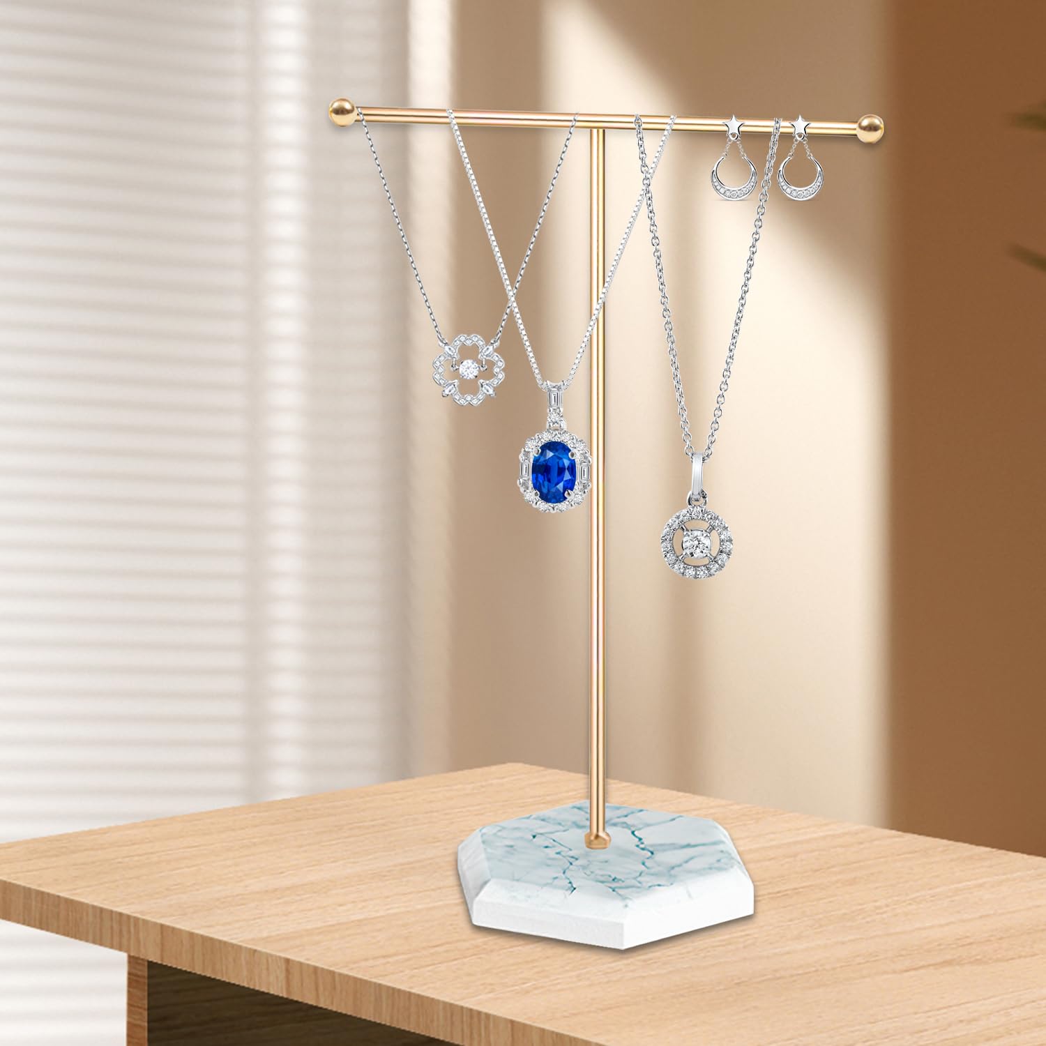 arrderly Jewellery Organiser Stand, T-Bar Necklace, Earrings Display Holder with Marble Pattern Tray, for Necklaces Bracelets - Image 2