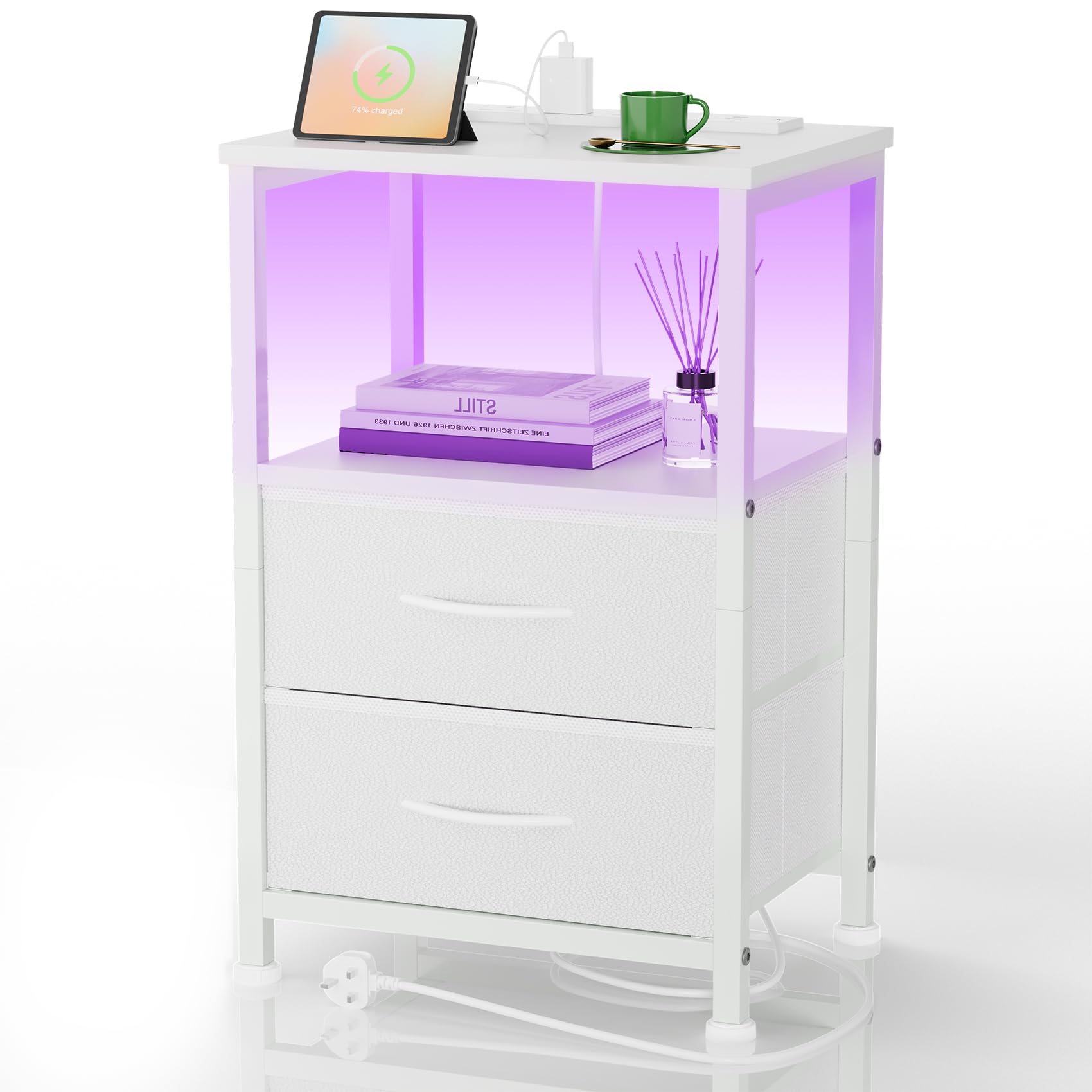 Yornoli Bedside Table with Charging Station 40cm Wide Bed Side Table for Bedroom with 2 Fabric Drawers Small End Tables with Led Lights for Living Room Small Spaces White — image 1