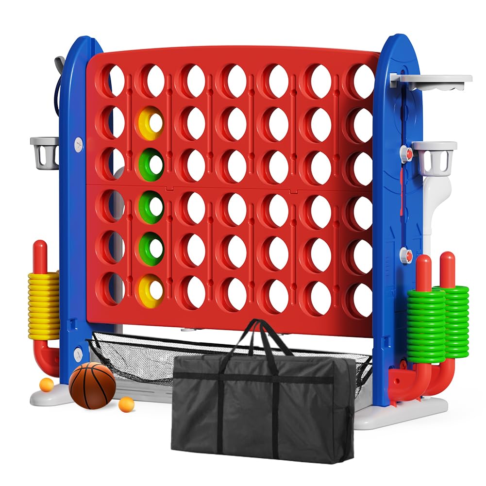 UBRAVOO Giant 4 in a Row Game, 3-in-1 Jumbo 4 to Score Garden Games with Basketball, Golf and Ring Toss Set, Height Adjustable Jumbo Yard Games for Kids Adults and Family