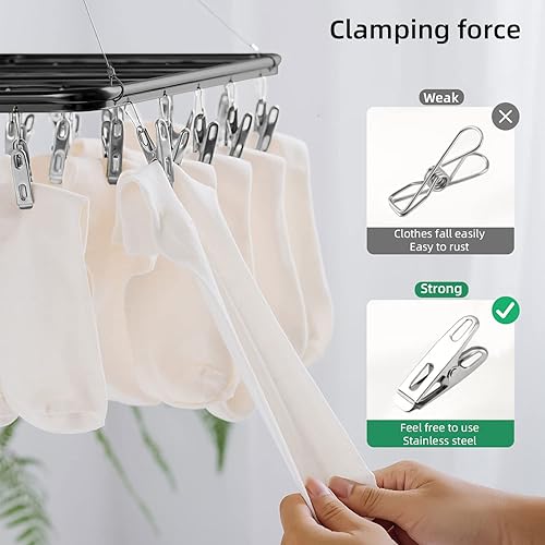 Miniatura 6 de TOWOOZ Estante de secado de ropa con clips, clip duradero de acero inoxidable y colgador de goteo, resistente al viento, para calcetines, brasieres,
