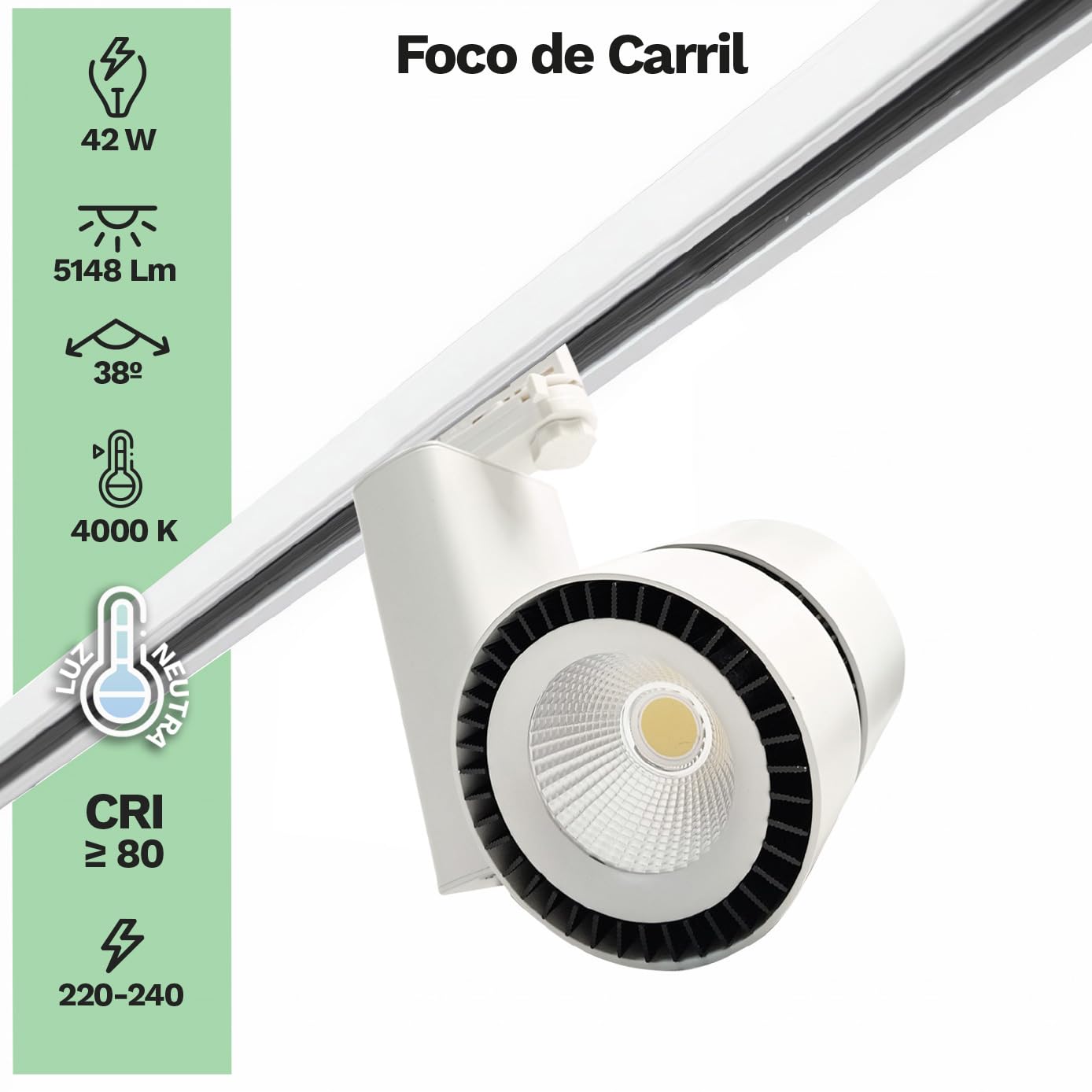 Foco de Carril LED COB Trifásico 42W Blanco – 5148 Lm – 4000 K – IP20 – Pack 2 Unidades