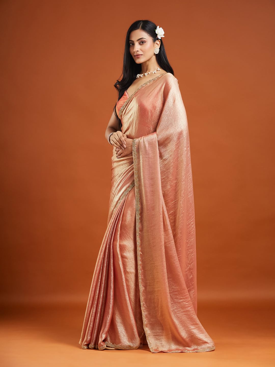 LOROFY Women's Chiffon Two Tone Saree (With Blouse) (Orange) - Image 3 thumbnail