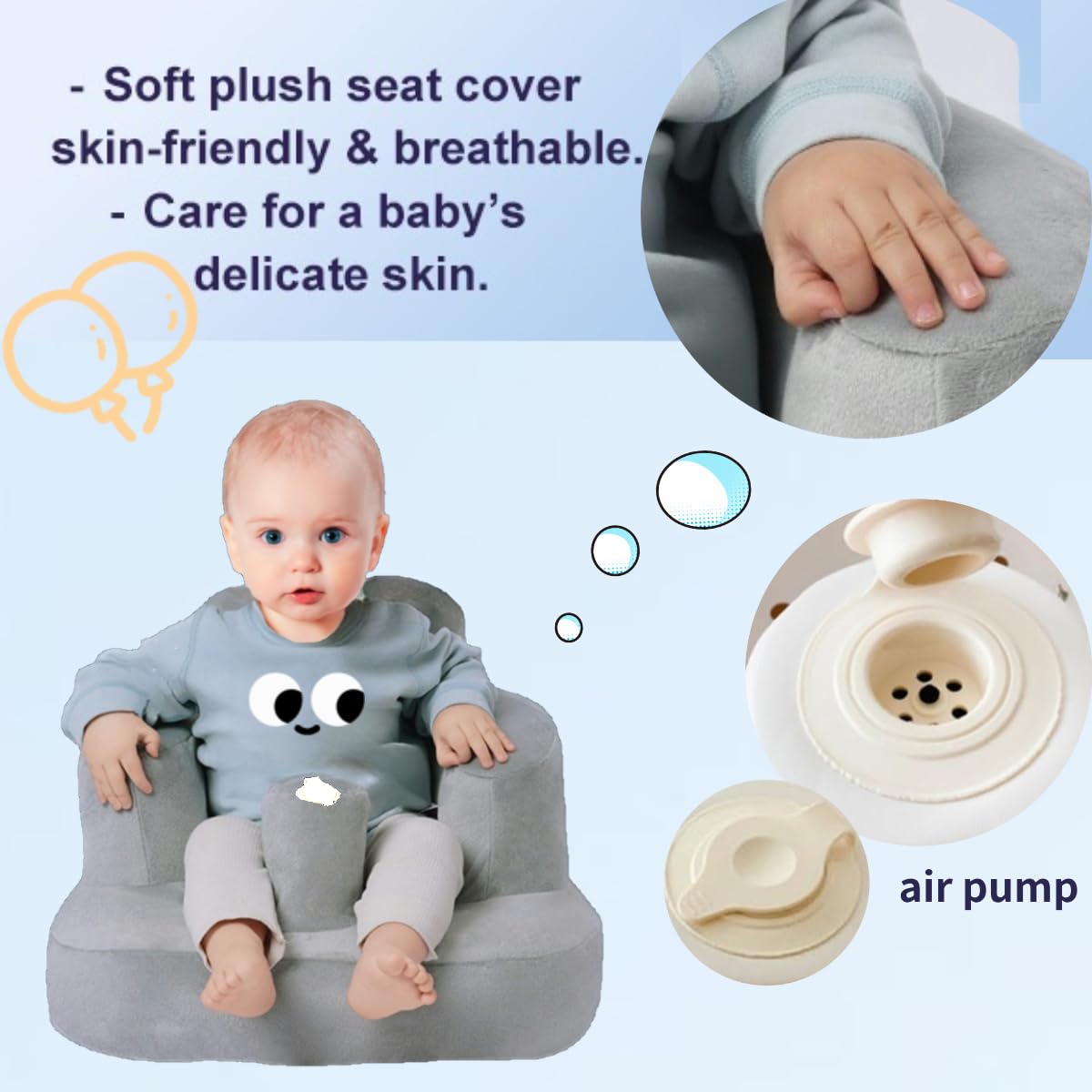 Seggiolino gonfiabile per bambini da 4 a 24 mesi con pompa ad aria integrata, supporto per la schiena per bambini, sedia per sedersi, sedia per baby shower, sedile (Orso+copertura)