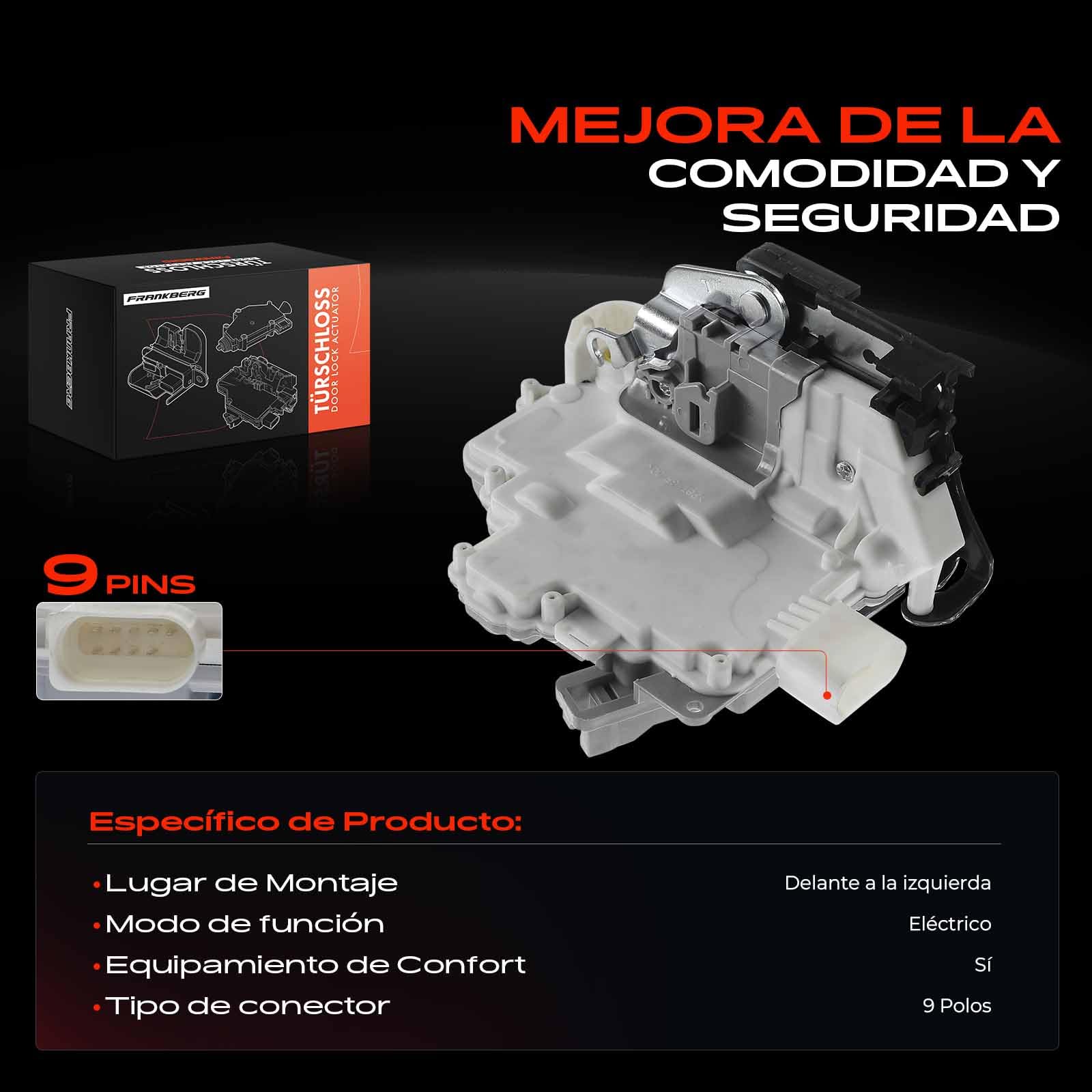 Frankberg Actuador de cerradura de puerta delantera izquierda de 9 Polos | 1P1837015; Compatible con: Altea XL 5P5 5P8, E.O.S 1F7 1F8, Toledo III 5P2, Altea 5P1, León 1P1