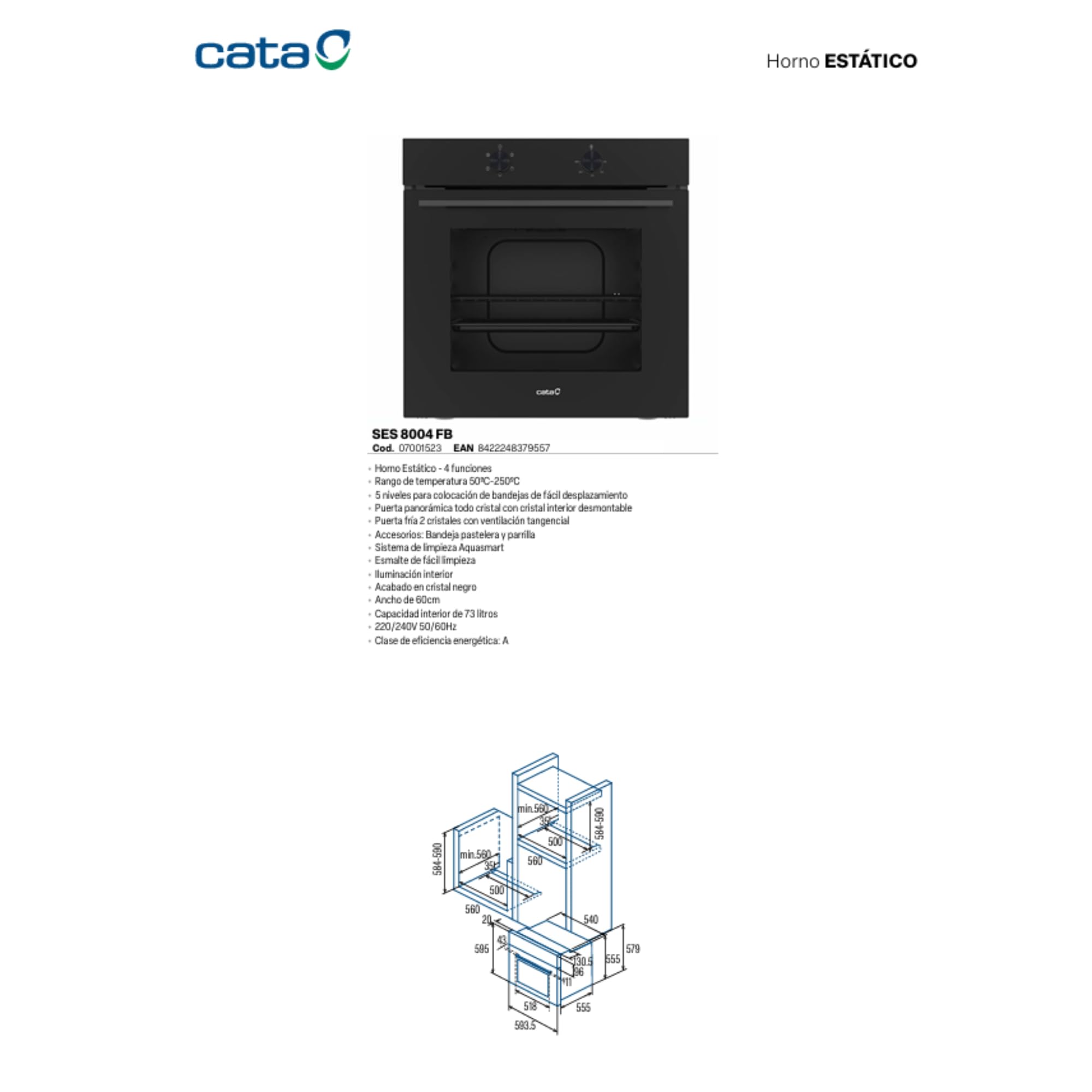 Horno Estático Cata SES 8004 FB 73 Litros, 4 Funciones, 5 Niveles, Puerta fria, Sistema Limpieza Aquasmart, Color Negro