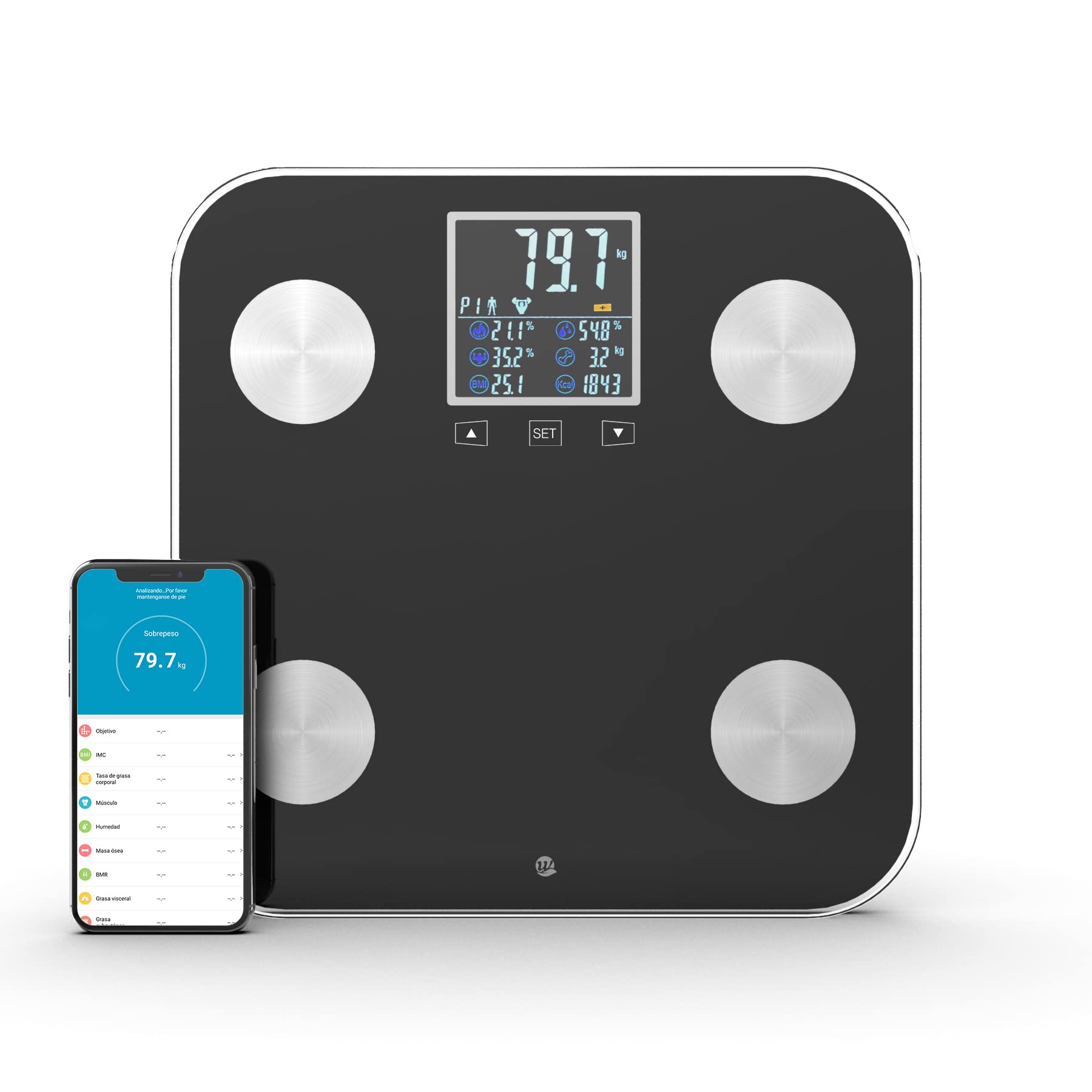 Báscula Digital Profesional Inteligente IMC, Análisis 18 Mediciones: Peso, Grasa Corporal, Muscular, Bluetooth, App AiFit, Bascula de Baño Pantalla Pro, Memoria 9 Users, Color: Negro