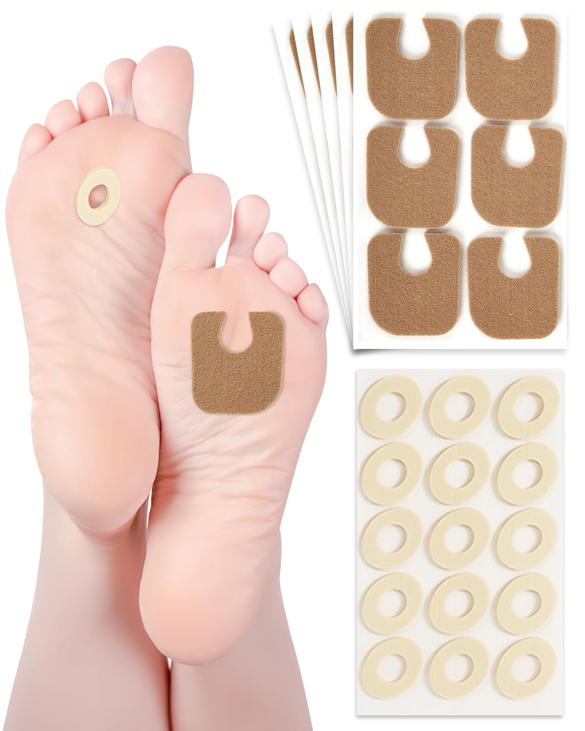 54 Pcs Callus Cushions U-Shaped Felt Callus Pads for Bottom of Foot and Elliptical Foam Corn Pads Set to Protects Foot, Heel from Rubbing on Shoes, 1/8” Self-Stick Pedi Cushions